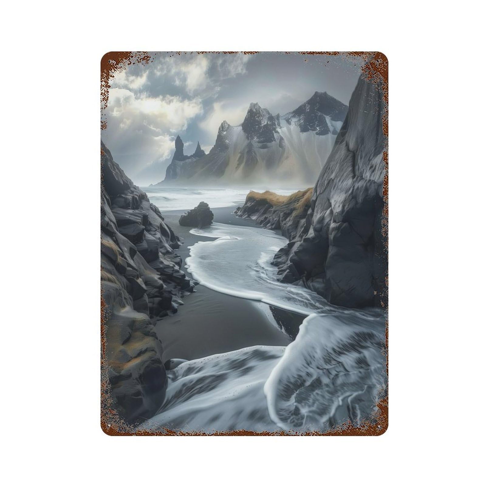 Vintage Rust Metal Sign with Mystic Shores of Stokksnes Design 15.7"x11.8", for Shed, Workshop And Garage Wall Decor, Classic Wall Plaque