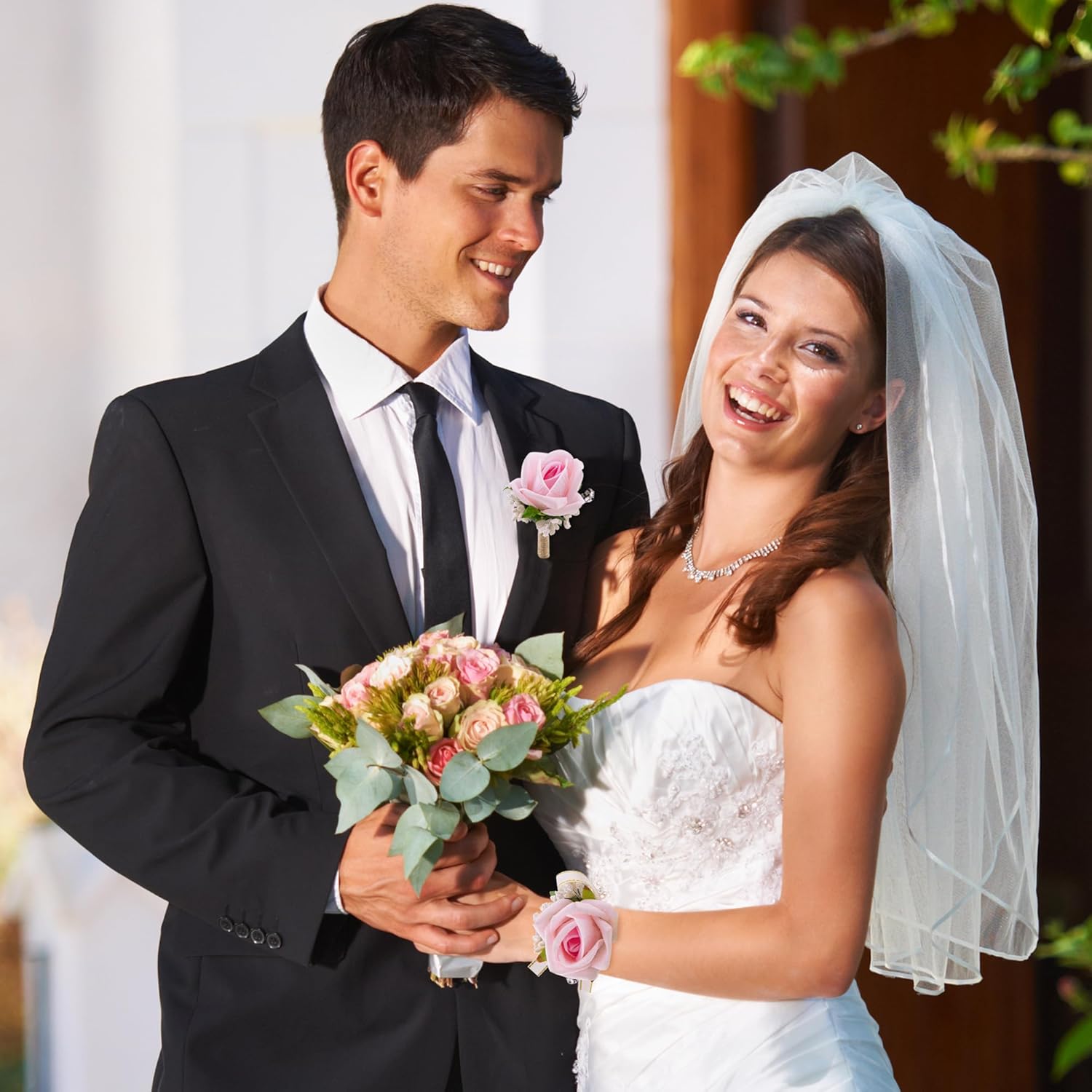 SITUMEIZI 2Pcs Pink Corsage and Boutonniere Set Corsage Wristlet for Prom Decor Boutonniere for Men Wedding Flowers Accessories Party Suit Decoration(Light Pink) - Image 5