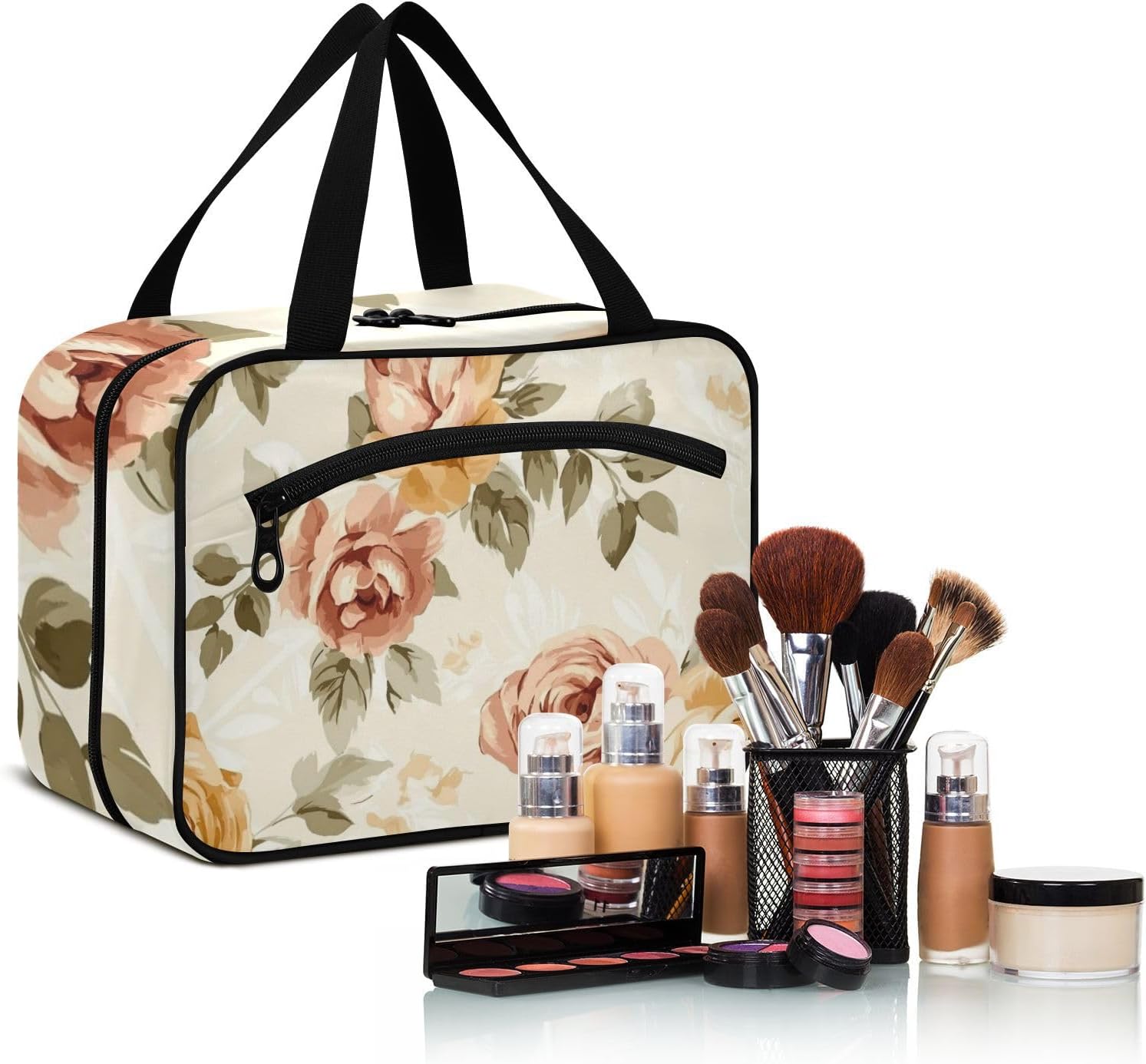 Brown Romantic Rose Hanging Toiletry kit for Men with Hook Designer Fashion Makeup Bag for car Traveler Work cartera para maquillaje, Brown Romantic Rose, L, casual