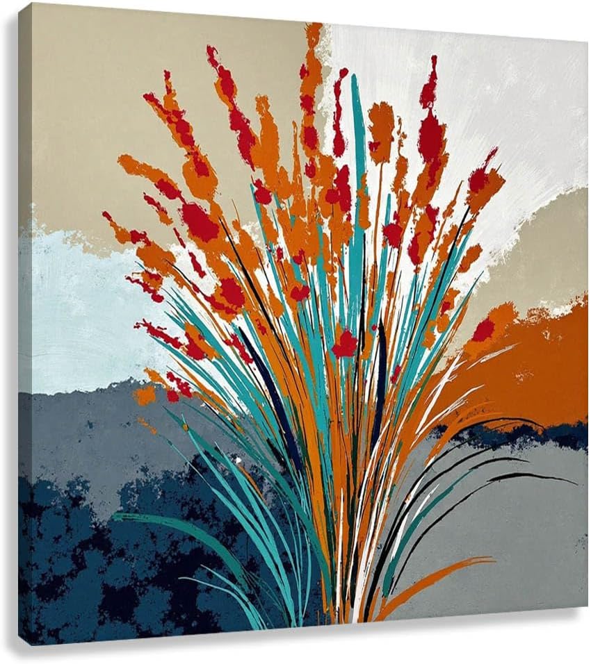 Novup Abstract Autumn Bloom Canvas Wall Art 12x12 Inch - Ready-to-Hang Floral Botanical Print Modern Nature Decor