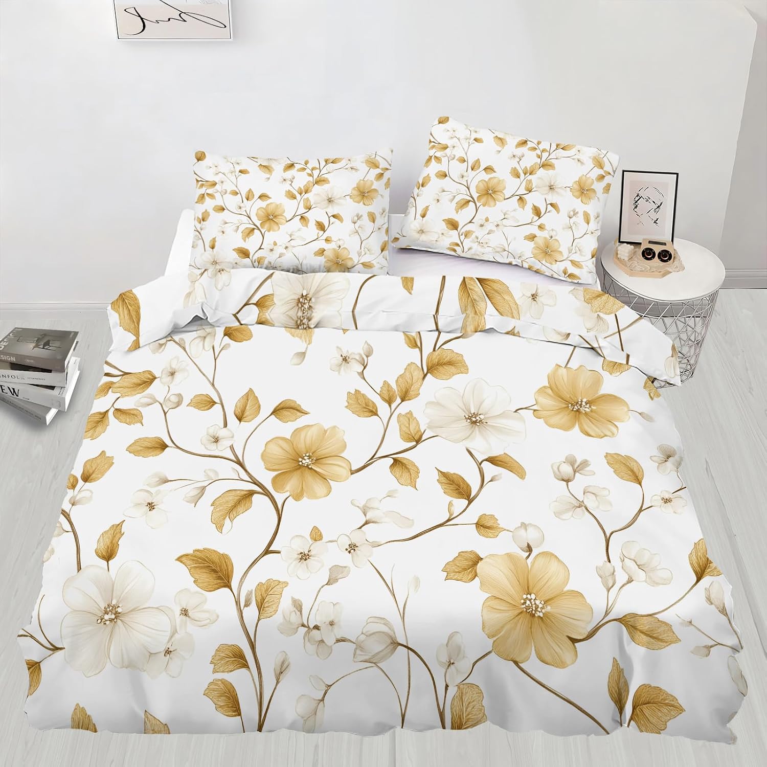 Flower Duvet Cover, Beige Bedding Set Cover for Kids Boys Girls Teens, Reversible Vintage Duvet Cover with Zipper Closure and 2 Pillow Shams, Twin Size 68"x90"