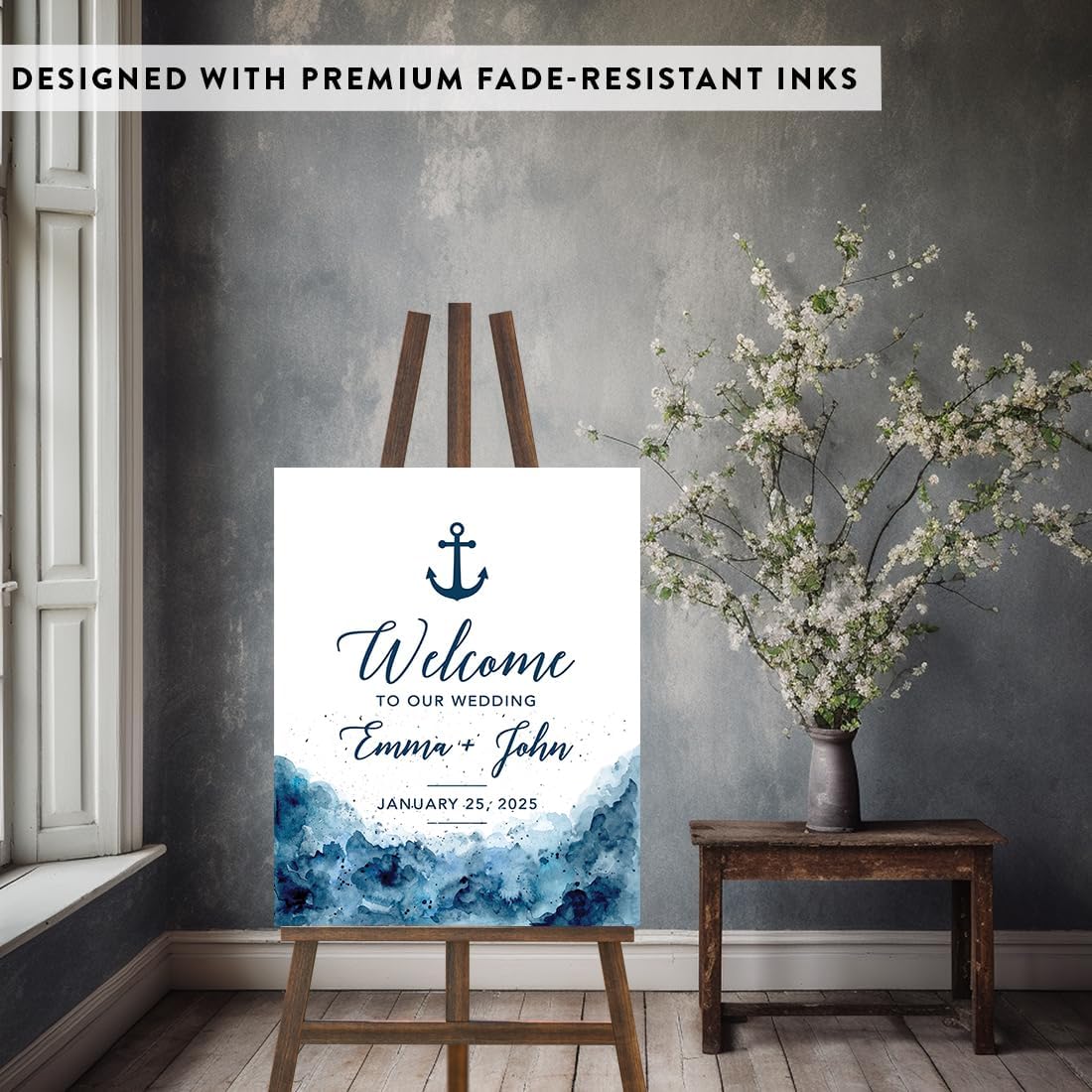 Andaz Press Custom Large Canvas Wedding Guest Book Alternative 16 x 20 Inches White and Navy Blue Watercolor Nautical Vertical Personalized Guest Book Signs For Wedding Welcome Sign for Nautical Beach
