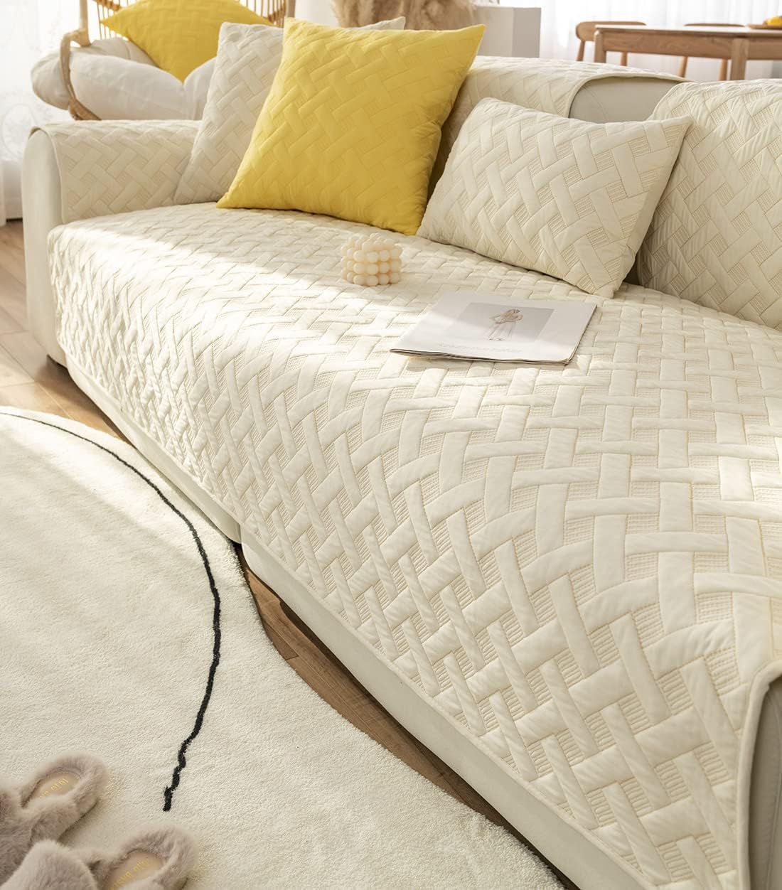 vctops Quilted Embroidery Sofa Couch Cover Solid Soft Sectional Couch Covers Non Slip Sofa Slipcover for Dogs Cats Pet Love Seat Recliner Leather L Shaped, Armrest Backrest Cover (Cream C,36"x47")