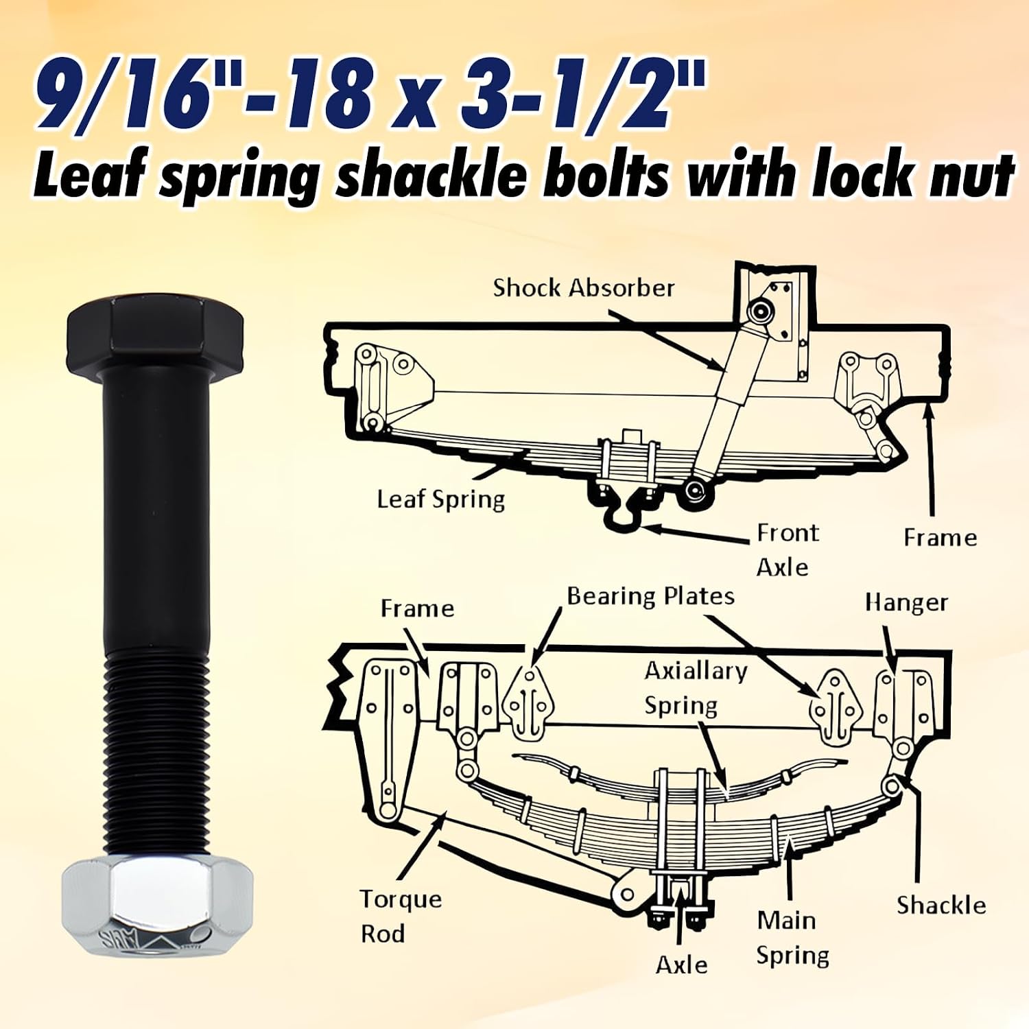 4 Set Of 9/16" -18 X 3-1/2" Trailer Leaf Spring Shackle Bolts with Lock Nuts fit for 2” Wide Leaf Spring & Double Eye Leaf Springs, for 6,000 lb and 7,000lb Axles