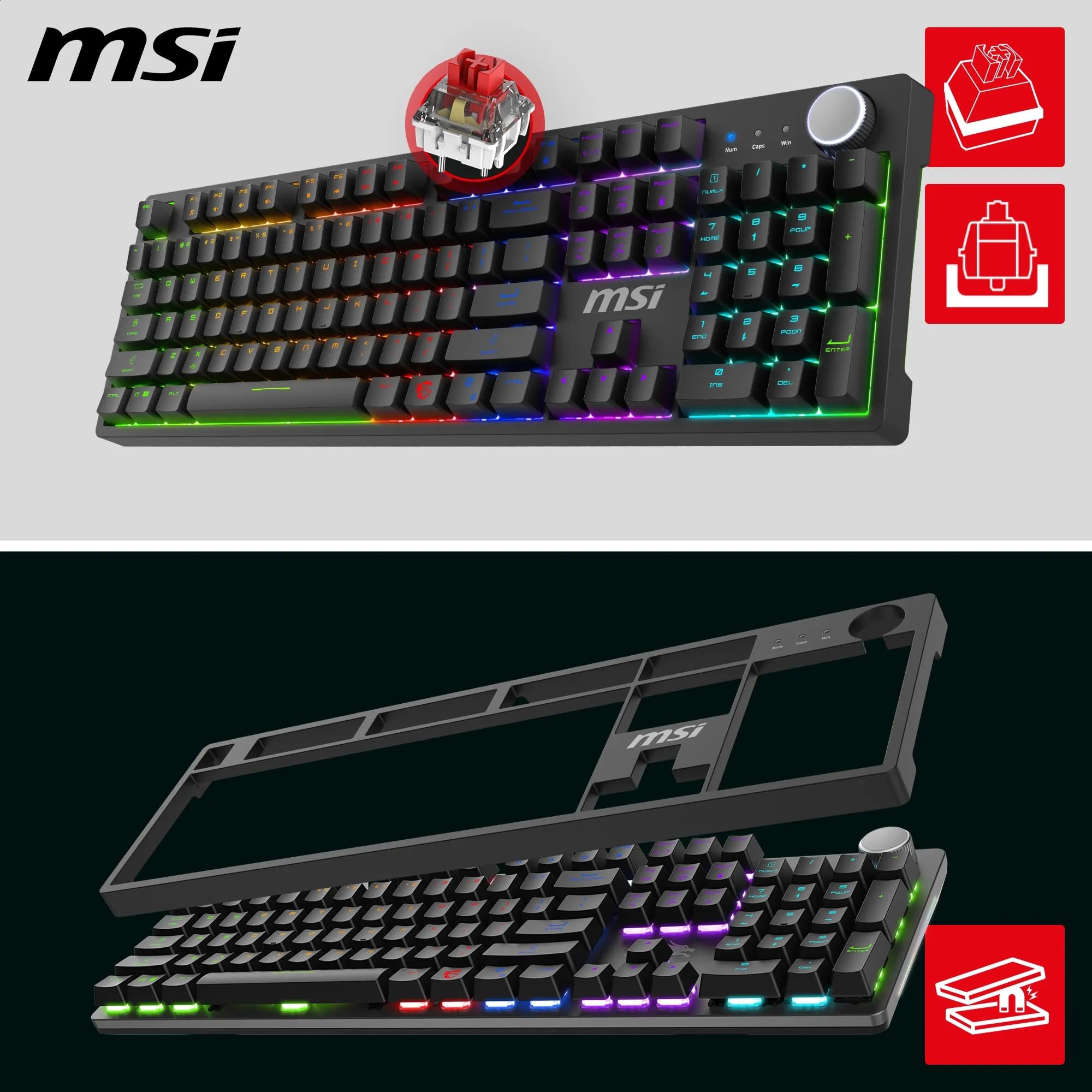 msi Forge GK320 QWERTY IT Layout - Teclado mecánico para juegos, tamaño completo, interruptores lineales rojos, intercambiables en caliente, cubierta magnética, teclas ergonómicas, base antideslizante