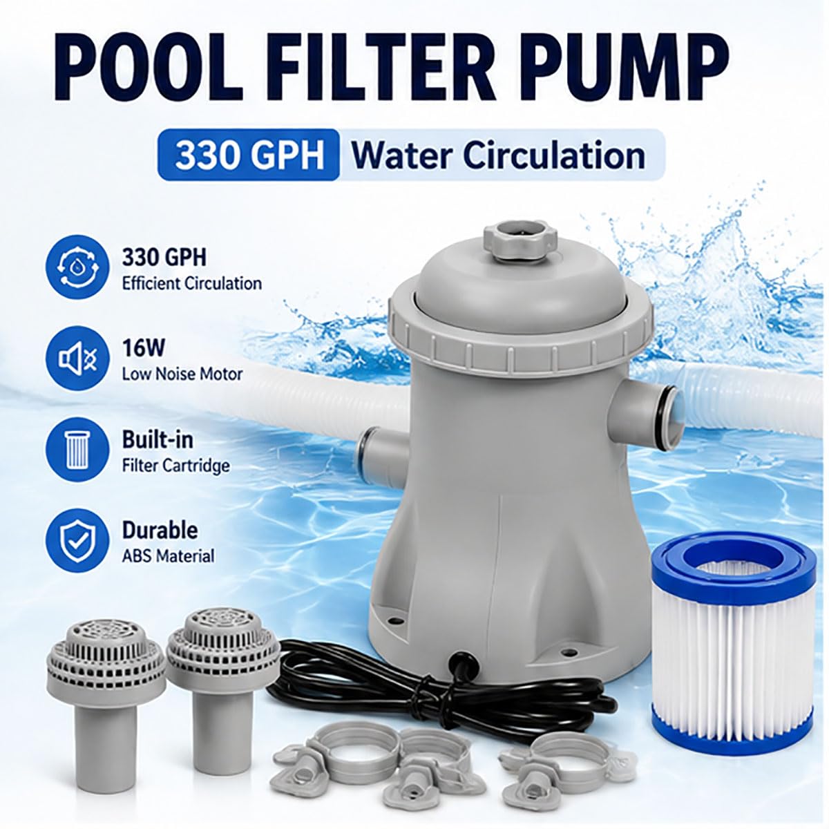 Pompa filtro piscina da 330 GPH,filtro a cartuccia,16W a basso rumore | tubi da 32 mm, circolazione dell'acqua pulita, include tubi e adattatori, per piscine fuori terra