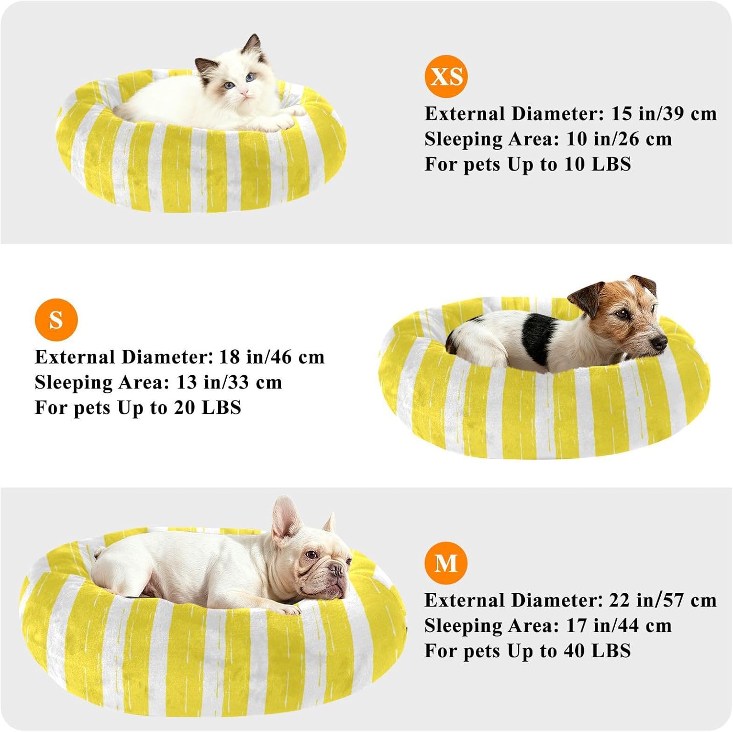 Round Cat Bed Dog Bed,20in Yellow Stripes Washable Non-Slip Bottom Soft Pet Bed for Small Medium Dogs and Cats