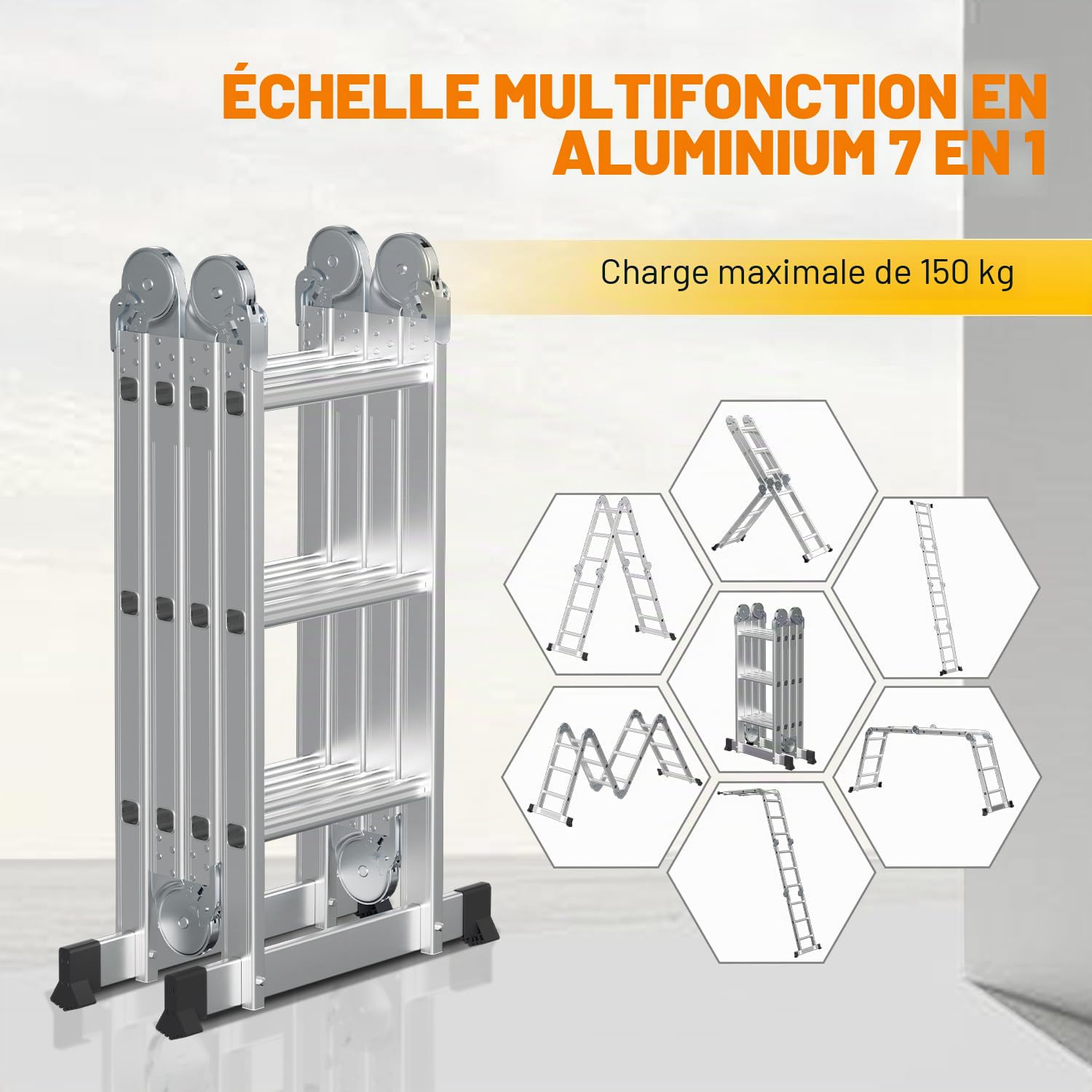 Échelle multifonction - 4 x 3 - 360 cm - 7 en 1 - En aluminium - Avec 2 plateformes et 2 roulettes de transport - Jusqu'à 150 kg