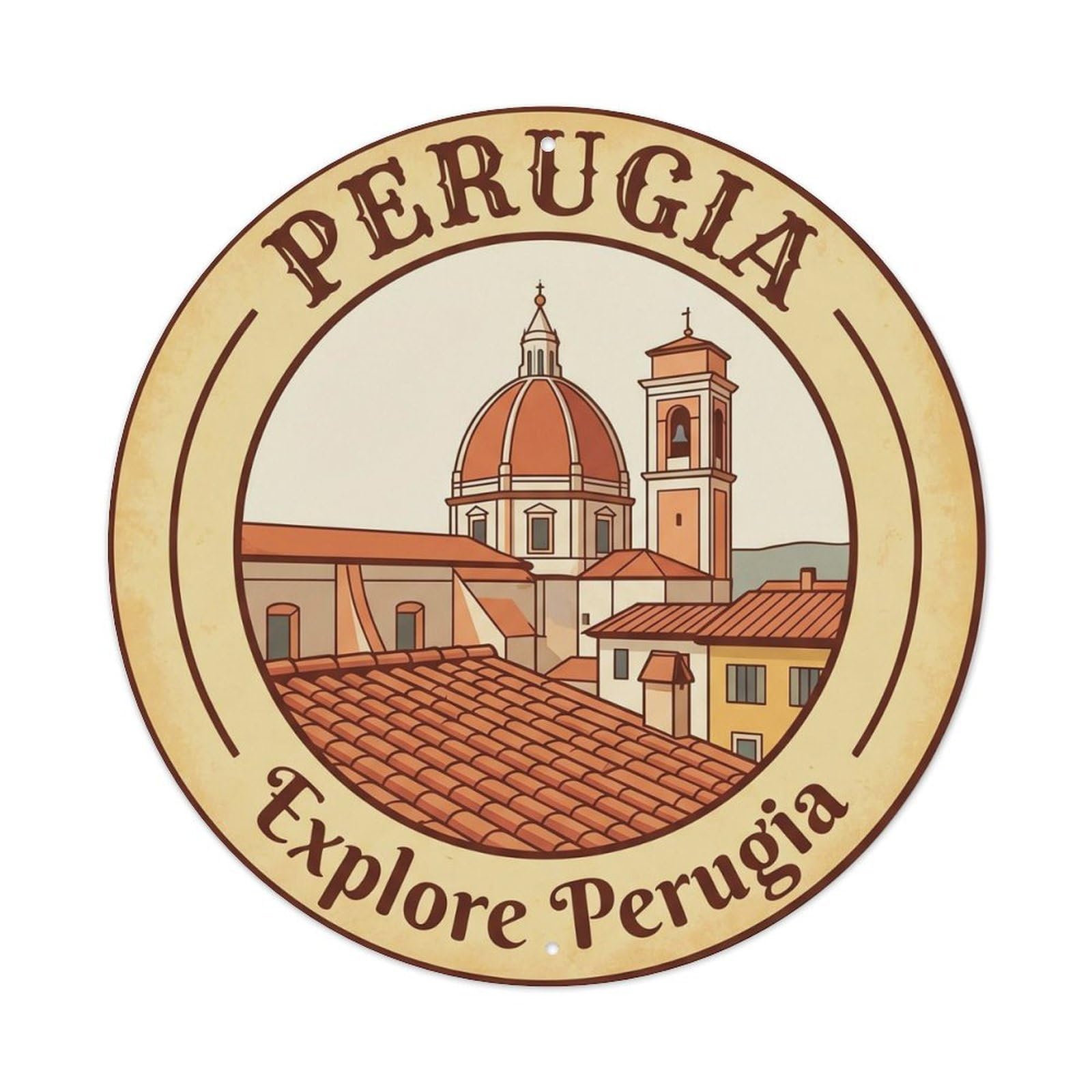 Cathedral Skyline Perugia Tourism Heritage Scenic Landmark Metal Tin Sign Plaque Wall Decor for Cafe, Man Cave, Club Bar, Office, Home Garden Round Metal Poster 8x8Inch