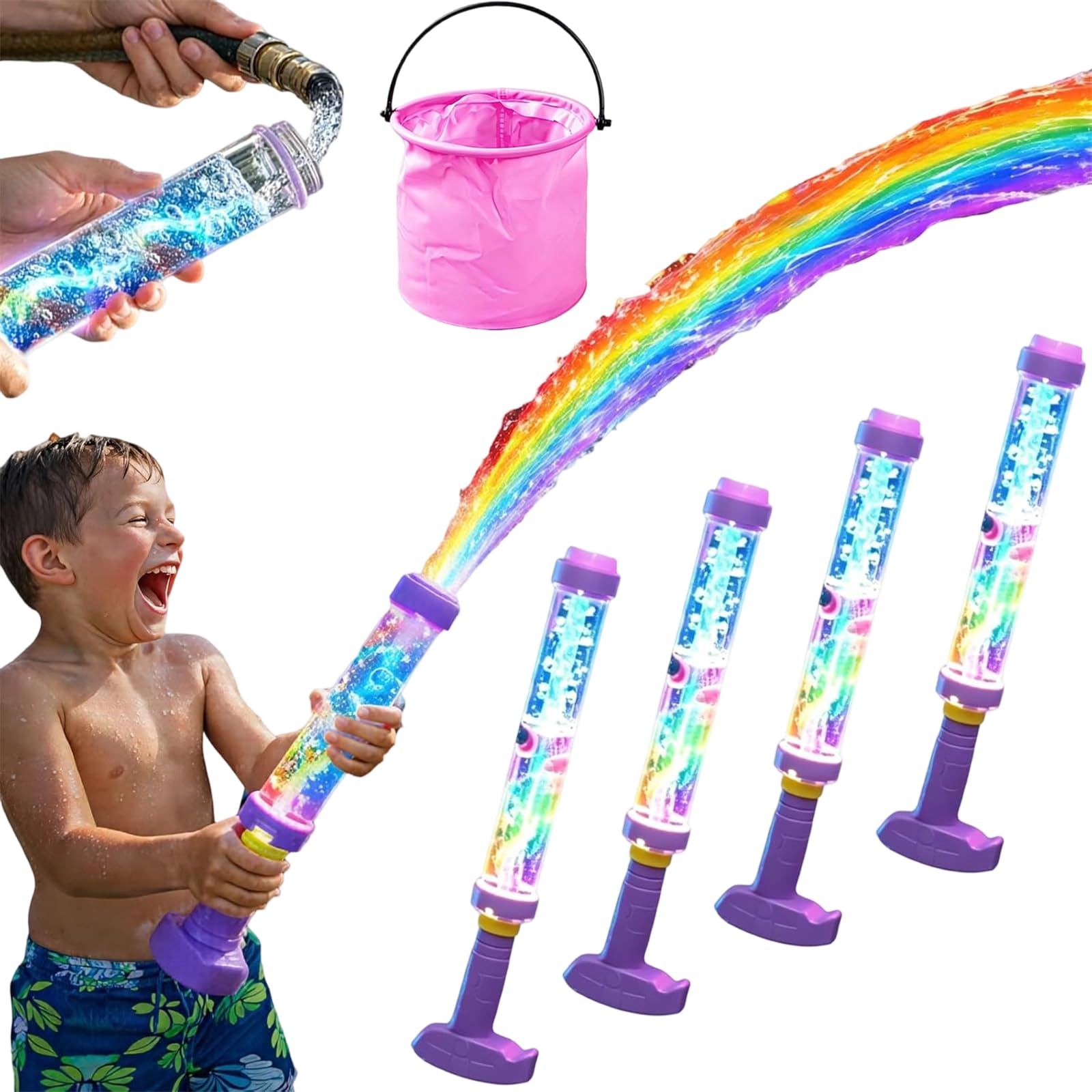 Glowing Rainbow LED Water Blaster | Summer Fun that Pops Like Magic, Glowing Rainbow Water Blaster, Pull Push Firework Waters Blasters, for Pool Parties and Outdoor Activities (4pcs)