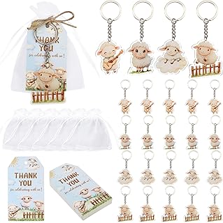 Serencatcher 24 Sets Sheep Party Favors, Little Sheep Lamb Keychains Thank You Tags Organza Bags Gifts for Guests Lamb Farm Animal Themed Birthday Baby Shower Party Decorations