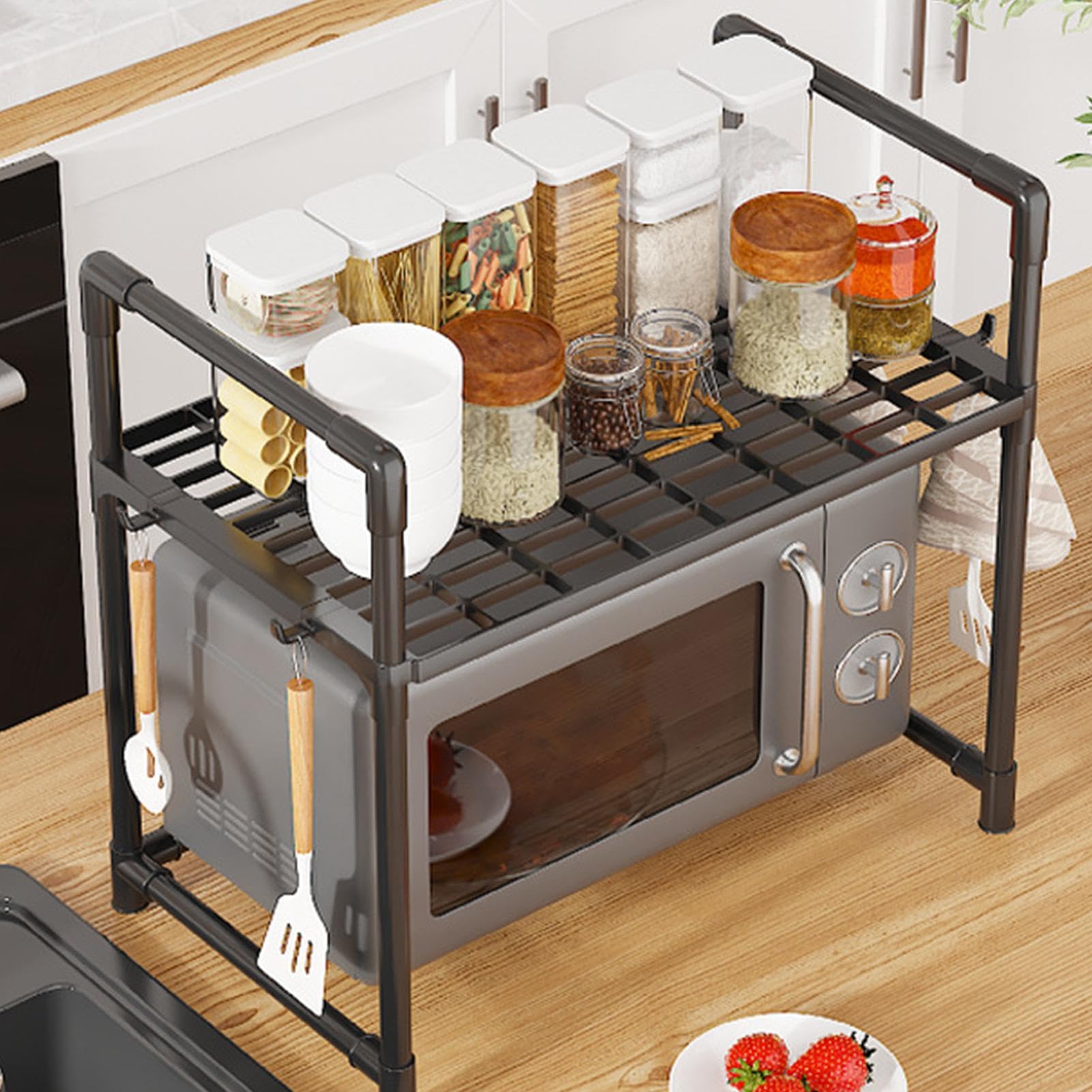 Support pour micro-ondes | Étagère à micro-ondes, organisateur de comptoir de cuisine, étagère multifonctionnelle pour micro-ondes avec crochets et rangement, étagère de cuisine peu