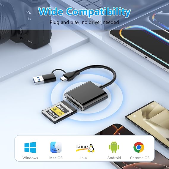 CFexpress Type B Card Reader with USB 3.2 (Gen 2) 10Gbps, USB-C&USB-A 2-in-1 Type B CFexpress Adapter, Compatible with Windows/Mac/Linux/Android, for iPhone 16/15, Laptops, Tablets, Smartphones New
