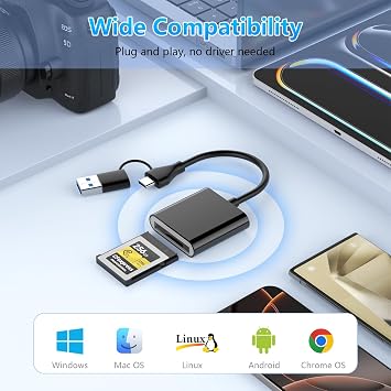 CFexpress Type B Card Reader with USB 3.2 (Gen 2) 10Gbps, USB-C&USB-A 2-in-1 Type B CFexpress Adapter, Compatible with Windows/Mac/Linux/Android, for iPhone 16/15, Laptops, Tablets, Smartphones New