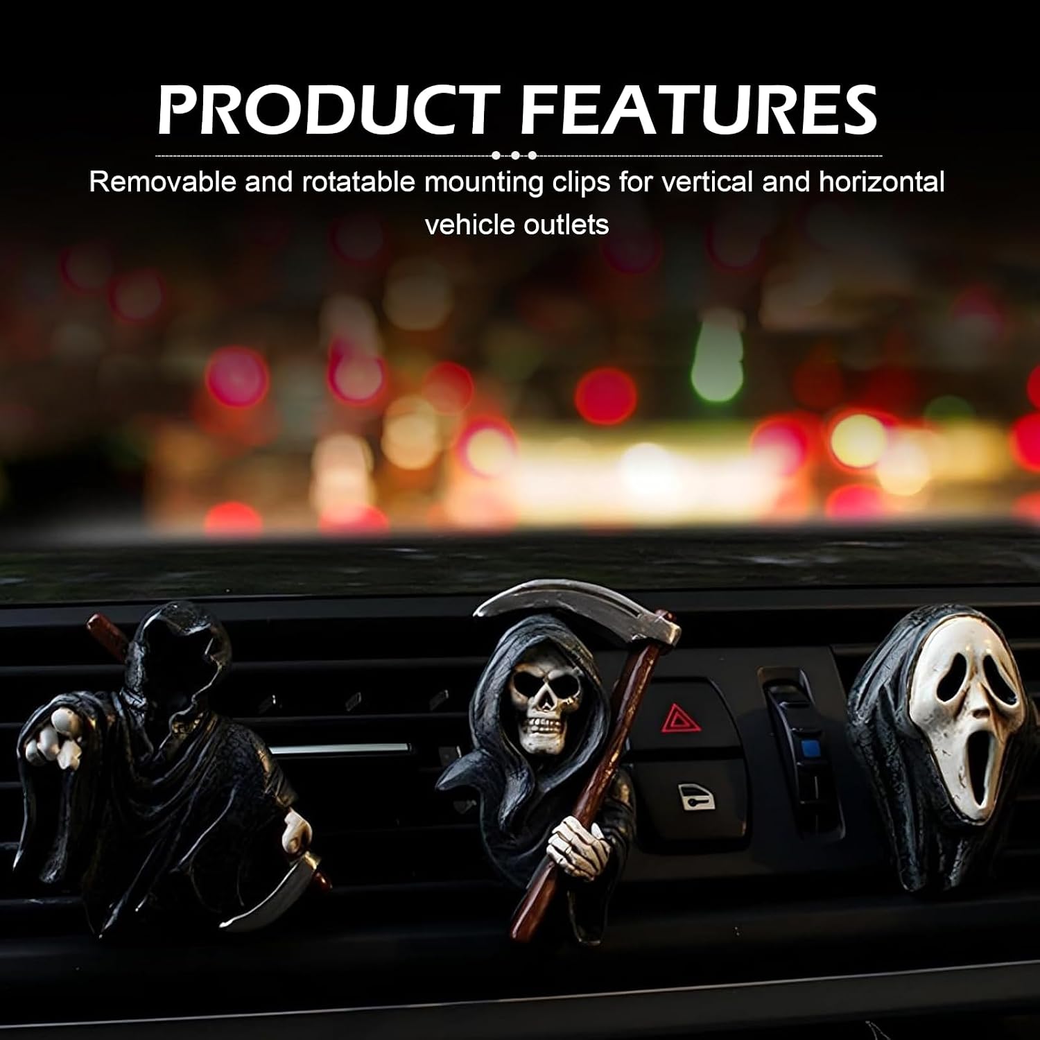 3 PCS Car Air Vent Decorations, 3D Horror Grim Reaper Decorative Clip, 3 Poses Gothic Straight Outlet Diffuser, Universal Interior Ornament for Most Cars (Black)