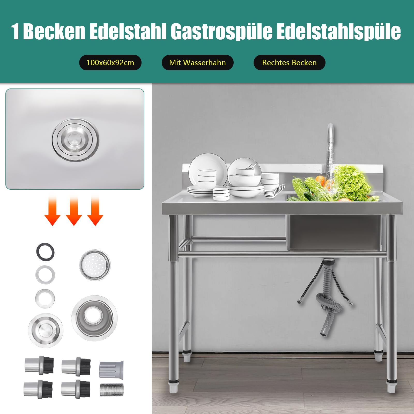 Spülbecken Edelstahl Küche Spülbecken Organizer, Edelstahl Arbeitstisch Küche mit Spüle und Armatur, Spülbecken Mobile für Außen Innen Garten Freistehend 100x60x93cm