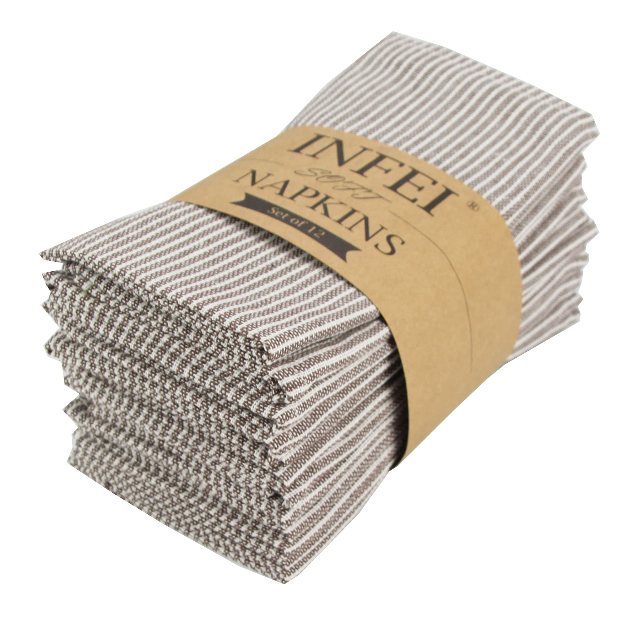 Serviettes de table rayures marron 40x40 cm lot de 12 en tissu coton lin