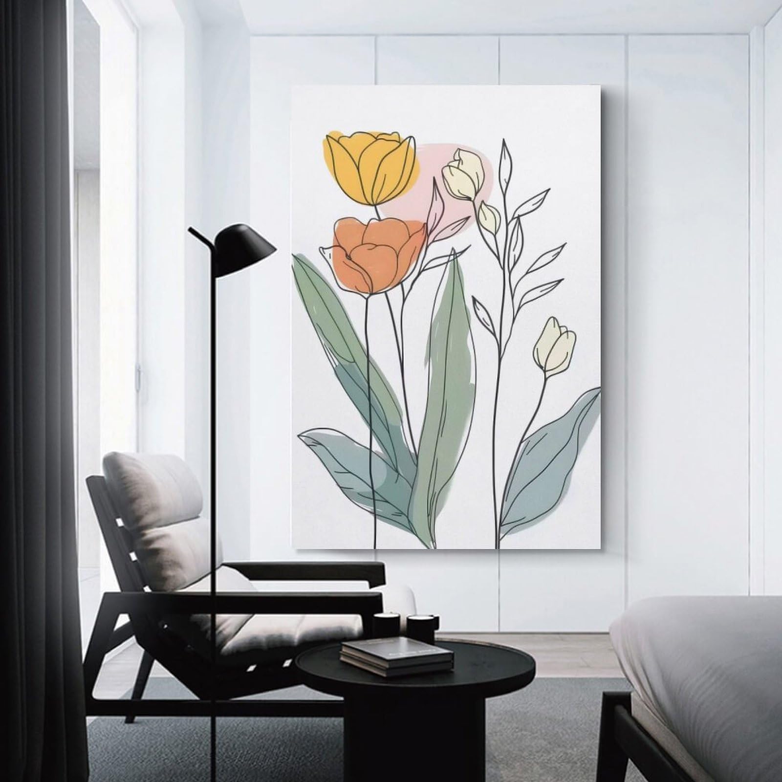 Junmoney Canvas Wall Picture Floral Line Art with Pastel Accents, 12x18inch(30x45cm), for Bedroom Decor, Cosy Corners Or Studios, A Warm Accent for Relaxed Interiors