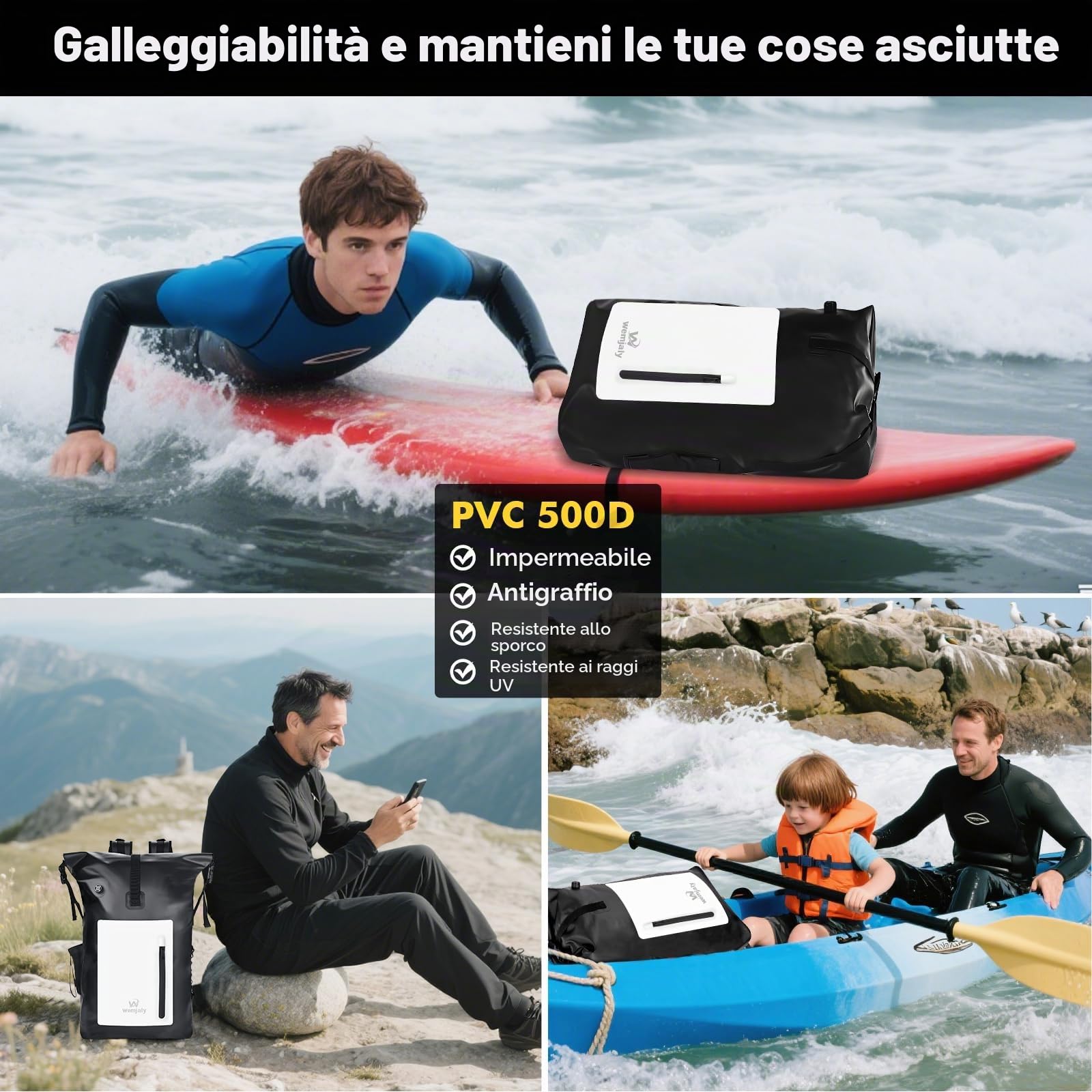 Zaino Impermeabile 30L - Borsa Impermeabile Zaino con Scomparto per Tablet & Custodia Impermeabile per Telefono IPX8, Dry Bag Backpack per Campeggio, Kayak, Pesca, Rafting, Canoa e Nuoto