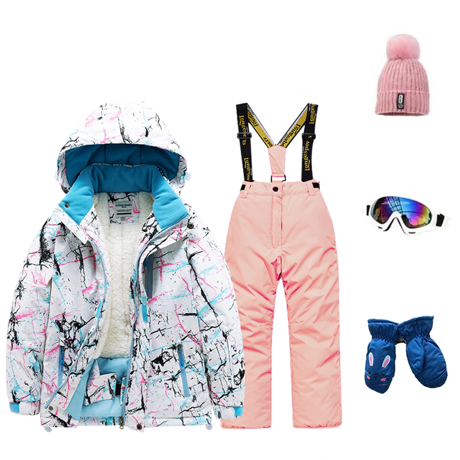 Kinder Skianzug 2 Teiliges Set Skijacke und Skihose Kapuze Praktische Taschen Warm Winddicht Wasserdicht Snowboarden Jungen Mädchen Schneeanzug für Kinder