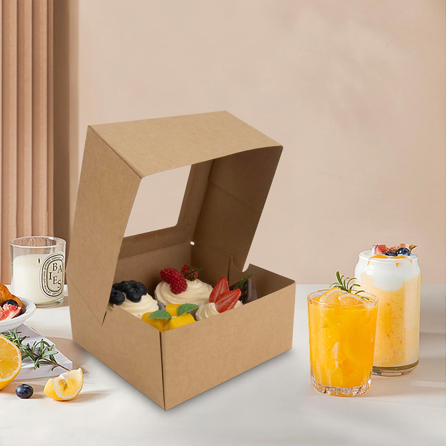 Jotique 4 count Kraft Cupcake Boxes with Window, 20 Sets 6x6x3 Inch | Bakery Boxes for Cookies and Muffins, Sturdy Disposable Treat Boxes for Individual Pastry, Baked Goods, Gift Giving