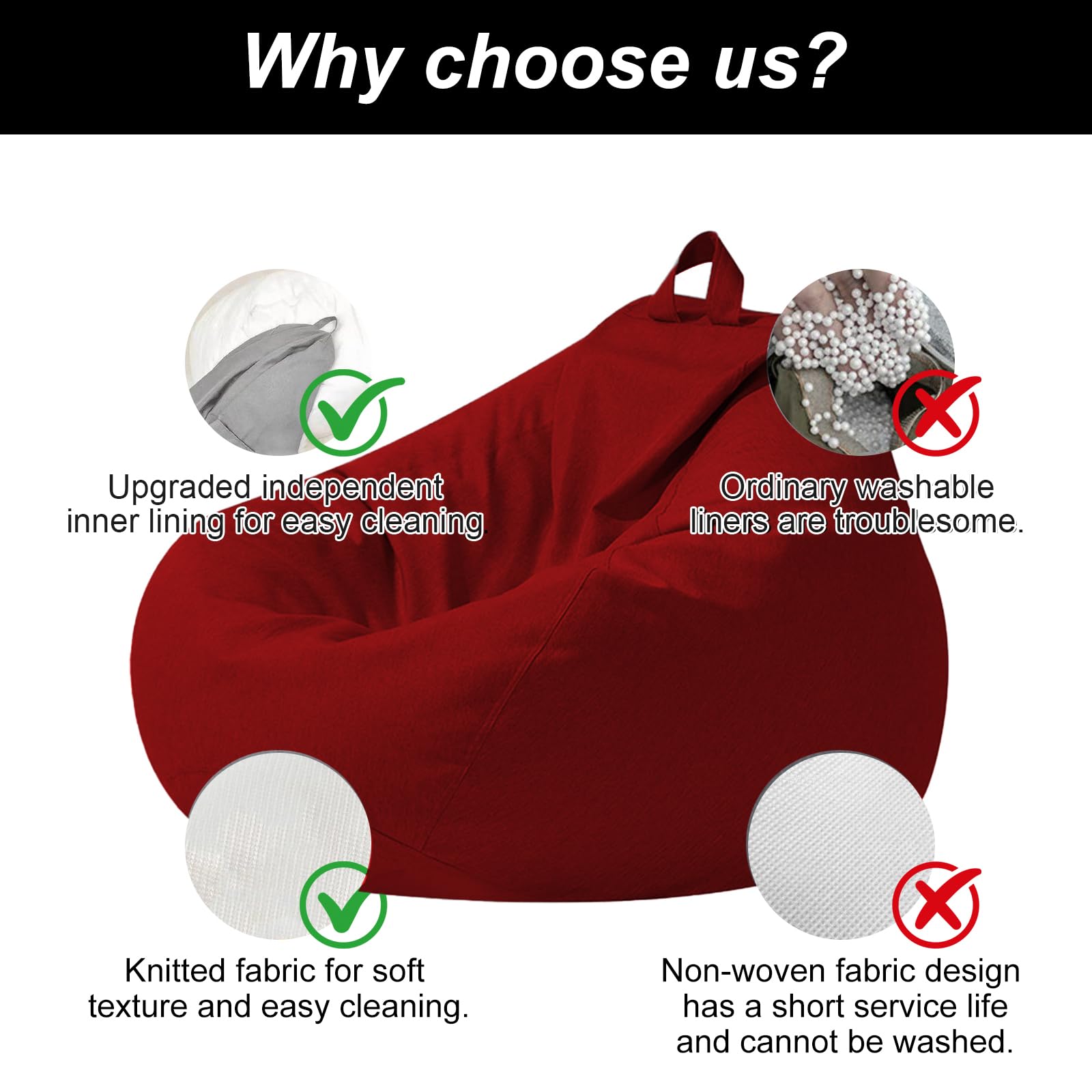 Poltrona Sacco XL, Bean Bag Con Manico, Pouf Sacco Adultes, Solo Rivestimento (Senza Imbottitura) Per Poltrona Pouf, 100 x 120 cm (Rosso)