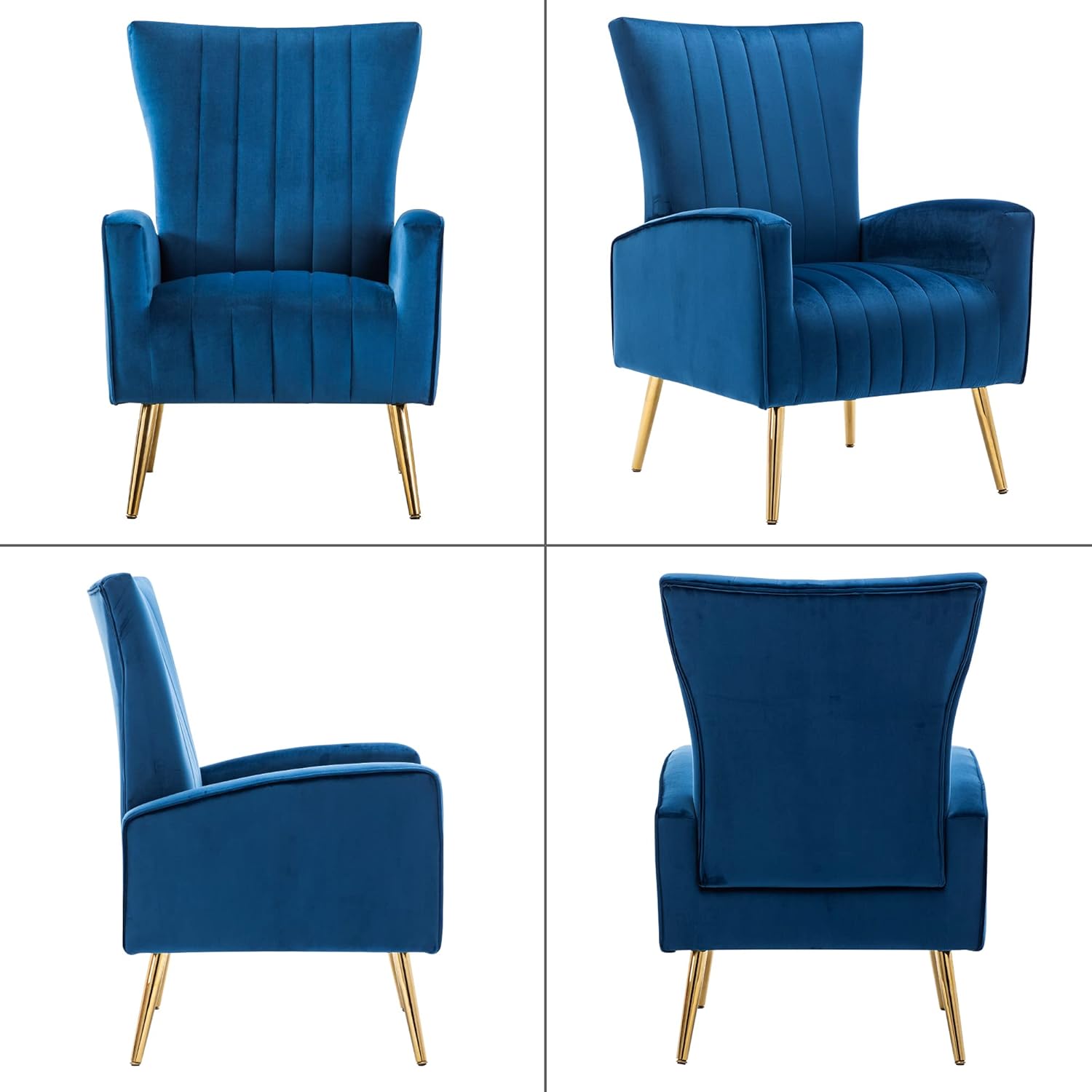 LSSPAID Velvet Accent Chairs Set of 1, Modern Fabric Upholstered Living Room Chairs Armchairs with Wing Back and Metal Legs, Navy Blue