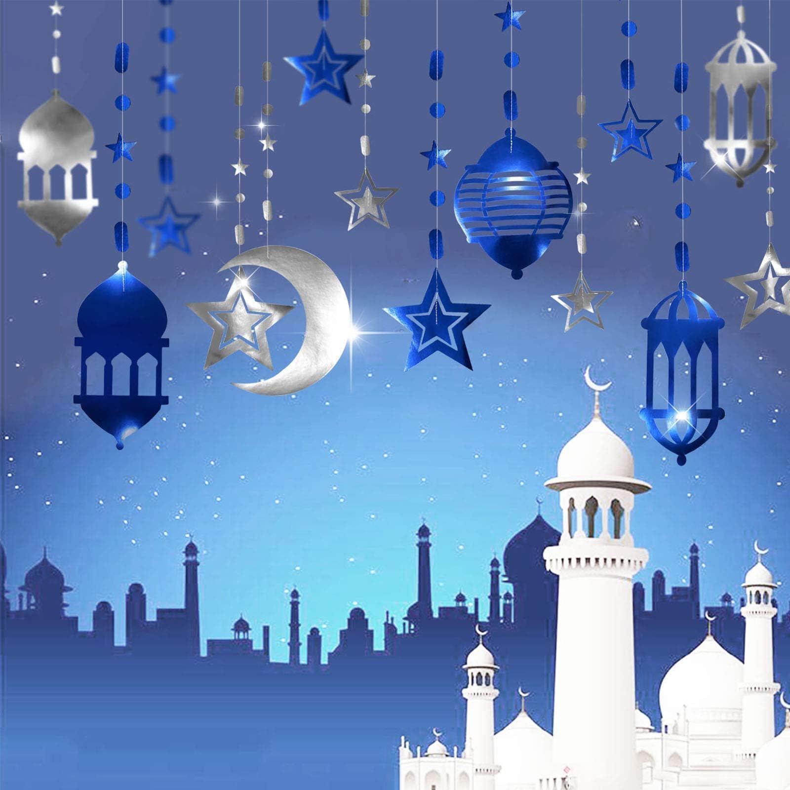 Cheerland Silver Blue Ramadan Decorations for Home Star Moon Lantern Garland Islamic Hanging Streamer Backdrop Eid Mubarak Decorations Lesser Bairam Holiday Celestial Banner Night Party Supplies 16pcs