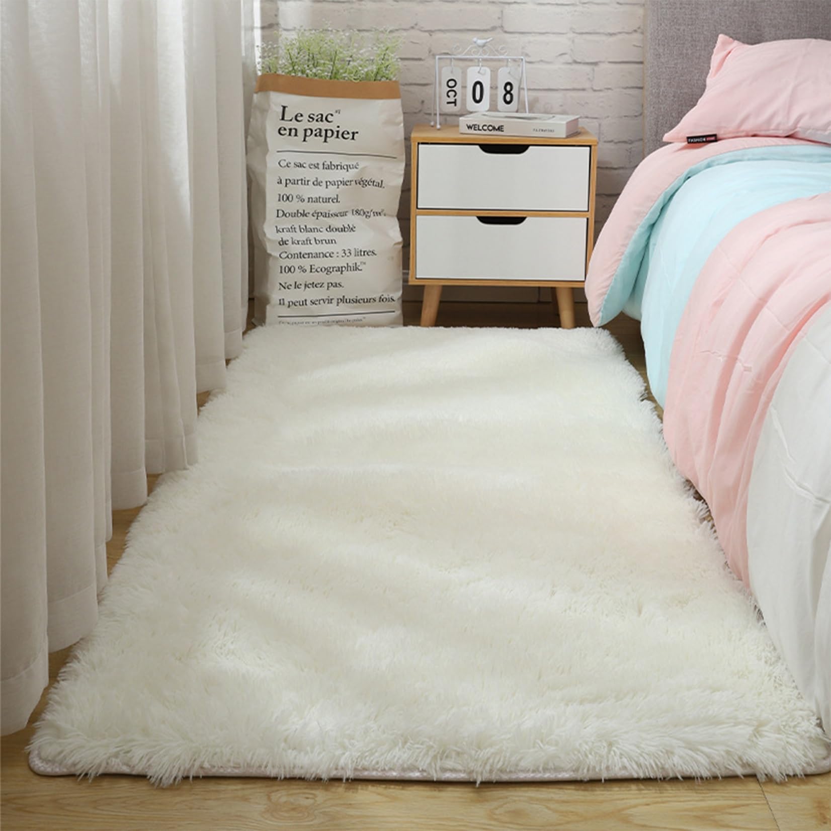 Tapis de Chambre 80 x 300 cm Antidérapant, Doux Au Toucher Lavable Tapis Intérieur Extérieur Facile à Nettoyer pour Salon, Chambre à Coucher, Bureau, Blanc