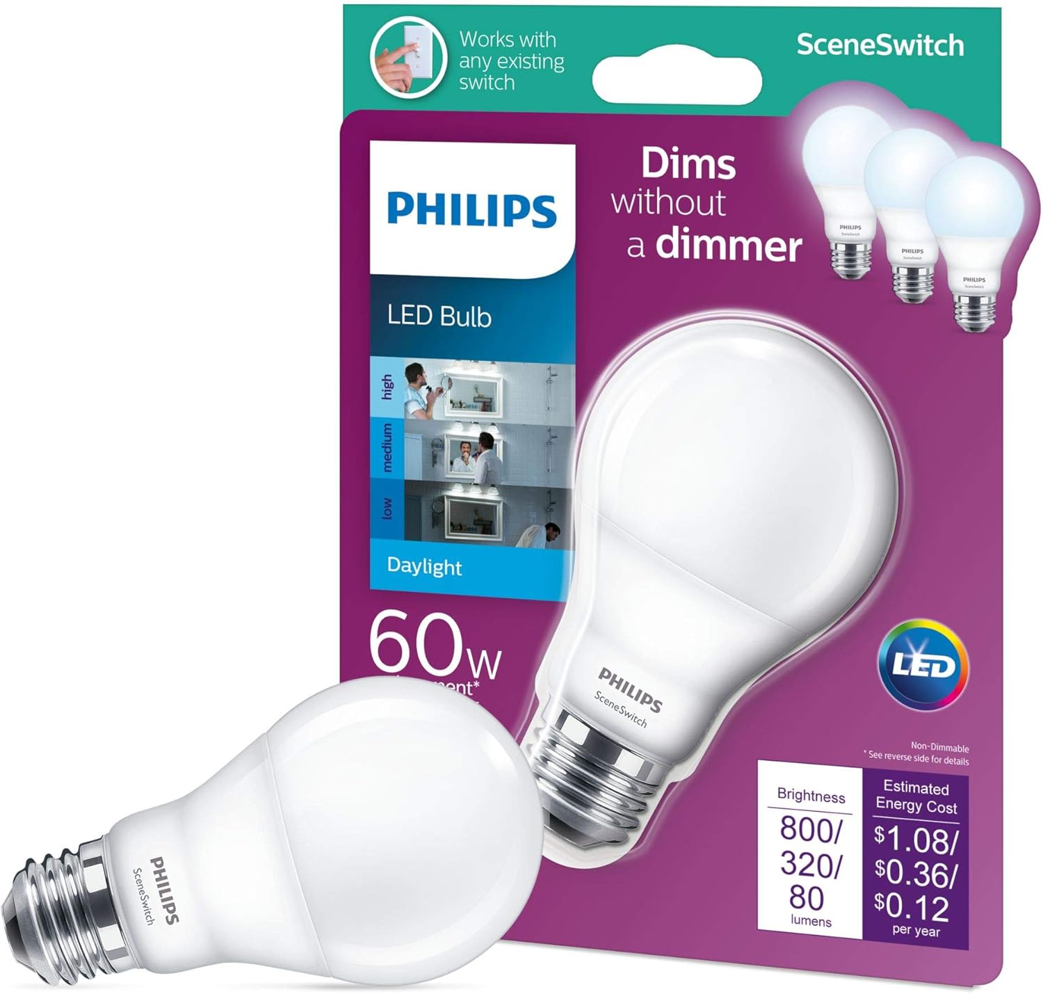 Philips SceneSwitch A19 LED Light Bulb Packaging