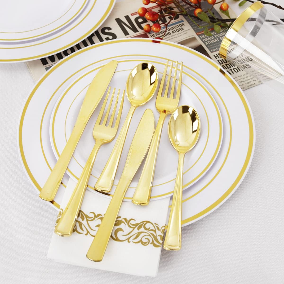 supernal 200 Gold Plastic Plates,Gold Plastic Silverware, Disposable Plastic Cups Disposable Cutlery,Plastic Dinnerware Suit for Birthday,Bridal Shower,Party, Wedding
