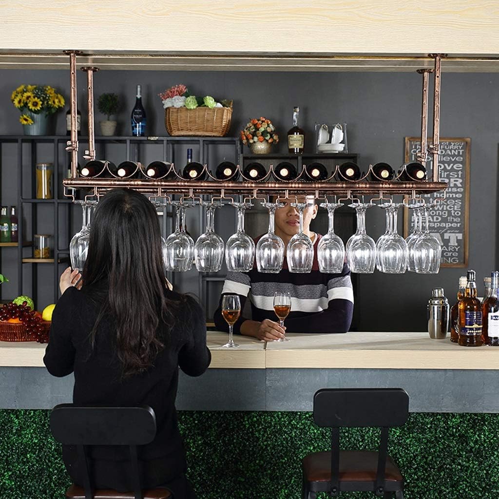 Adjustable Height Metal Ceiling Wine Rack with Stemware Holder Industrial Vintage Bar Counter Wine Glass Storage Organizer Rustic Bronze Wine Bottle Holder for Home Bar Decor (47×1