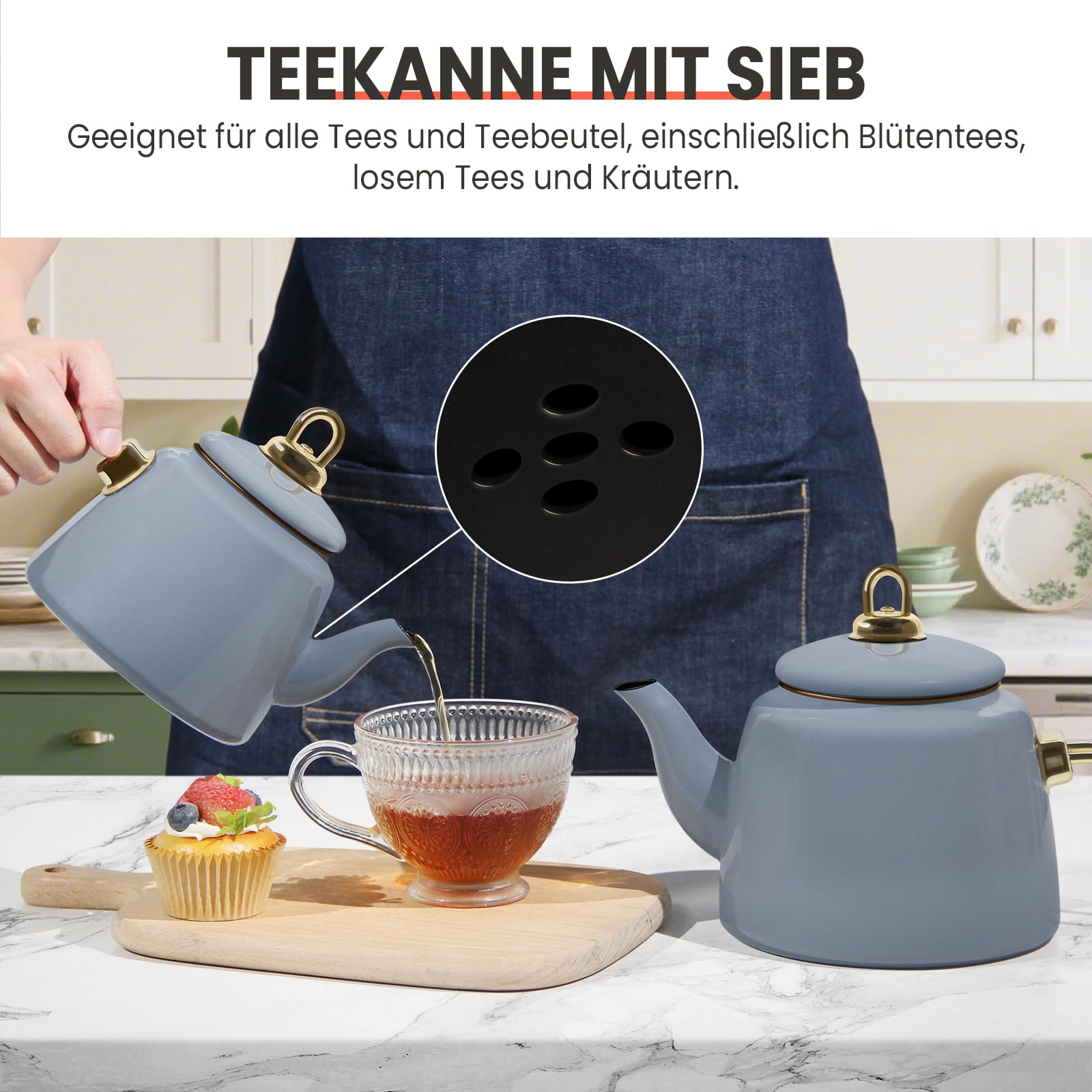 Homelux Teekanne Set, Wasserkessel Induktion Teekocher aus Emaille, Induktionsgeeignet, 2L+1L, Türkische teekanne, Caydanlik,Hellblau