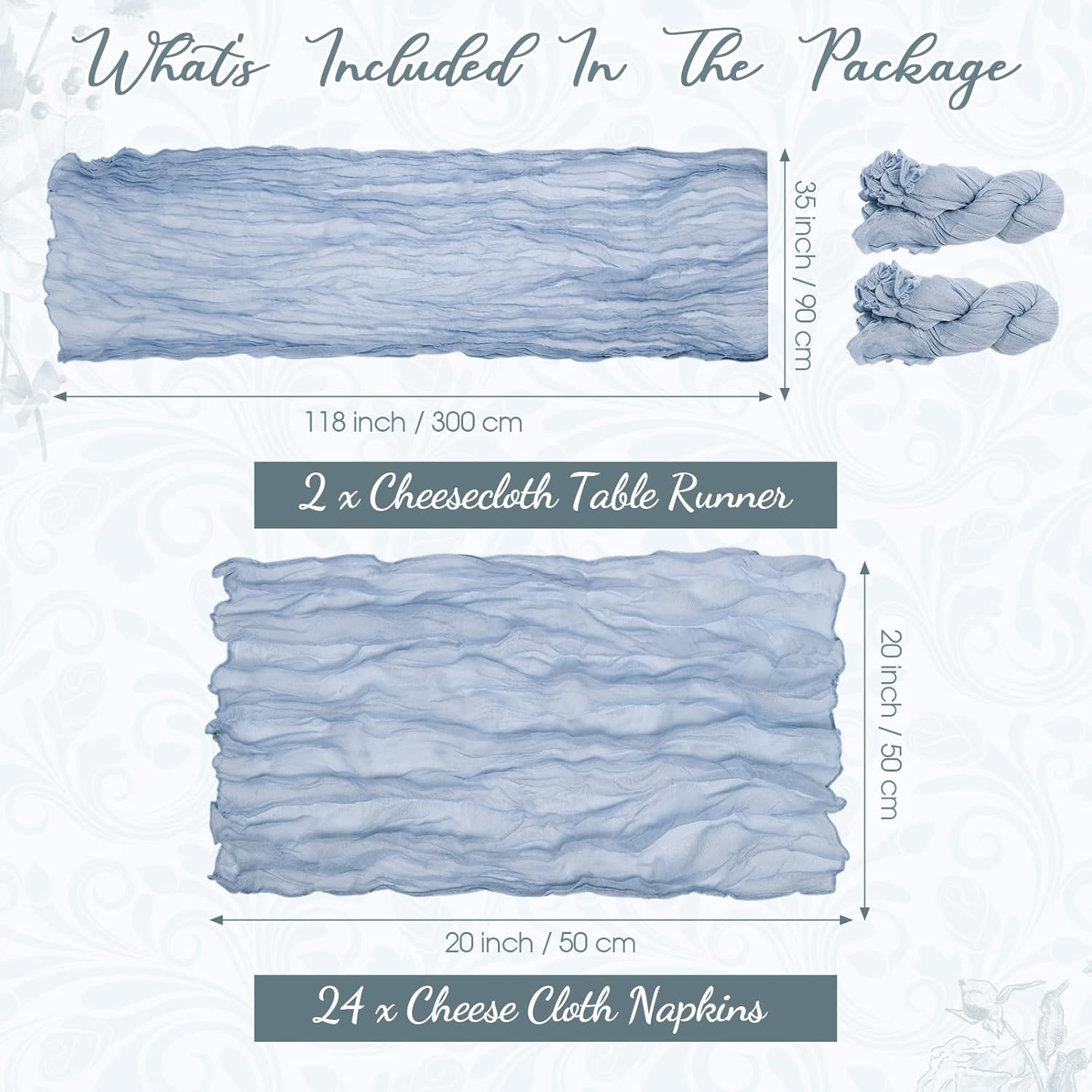 2 Cheesecloth Table Runners and 24 Napkins Set, 10Ft Boho Cheese Cloth Table Runners 20 x 20 Inch Rustic Wrinkled Gauze Napkins for Wedding Birthday Baby Shower Party Decor (Dusty Blue)