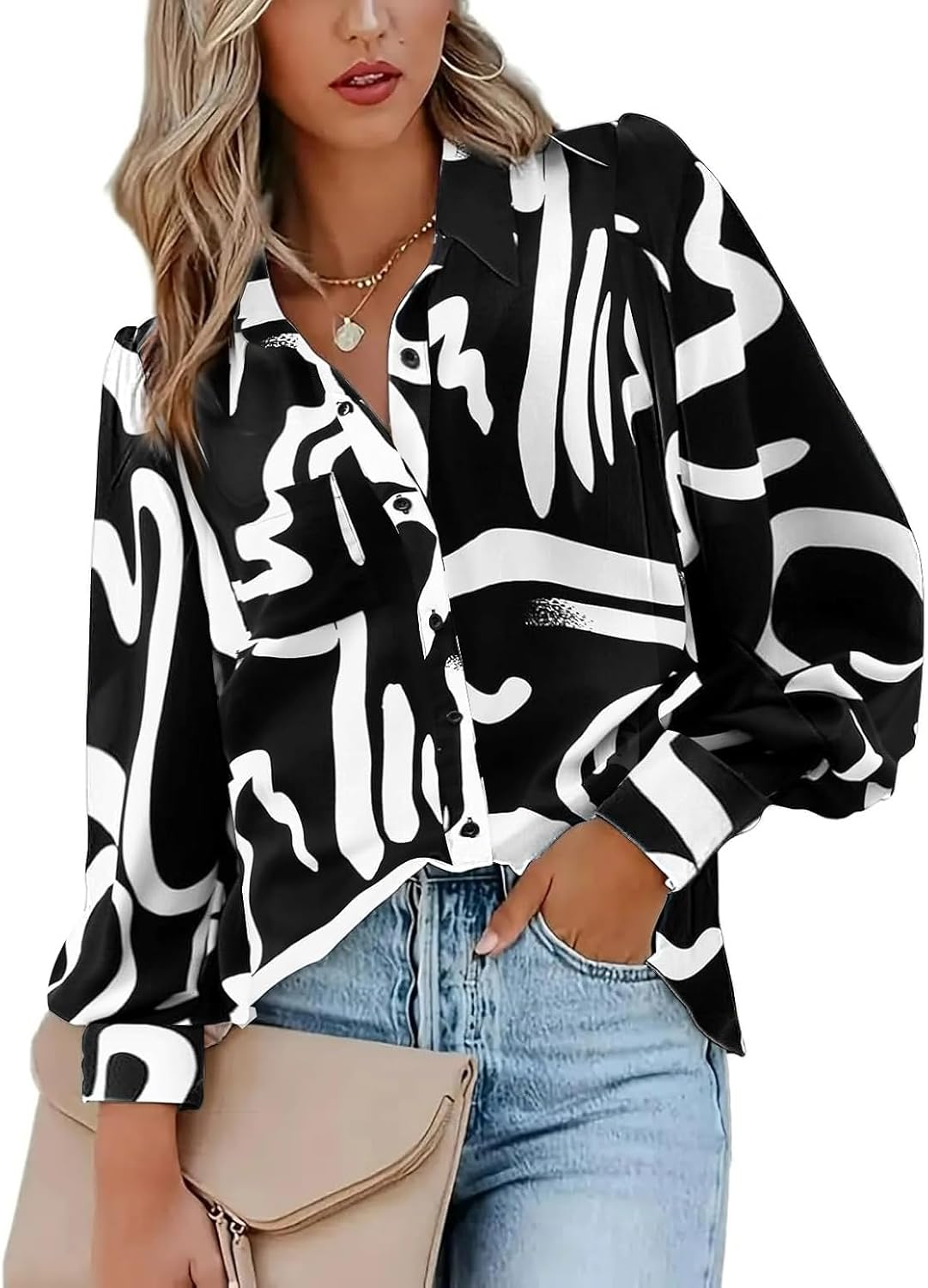 Zeagoo Womens Shirts Button Down Printed Lantern Long Sleeve Blouse Fashion Casual Tops 2025