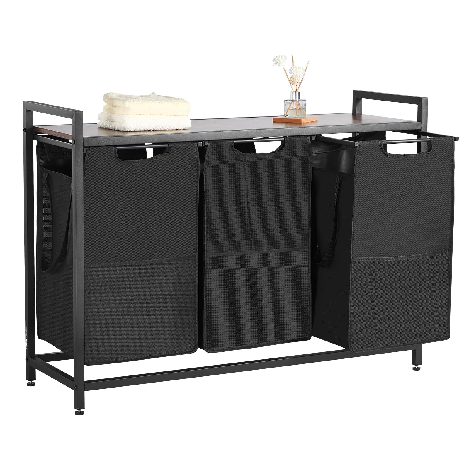 VEVOR 3 Section Laundry Sorter, Large Laundry Hamper with Metal Frame and Wooden Tabletop, Freestanding Storage Organizer Baskets with Pull-Out 600D Oxford Cloth Bags for Dirty Clothes, Bathroom