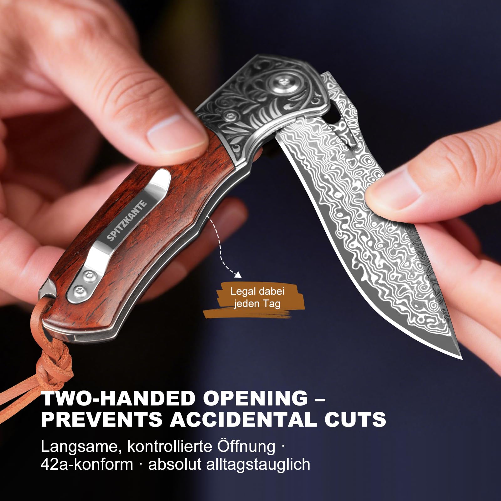 Couteau Pliant Damas et Couteau de Poche avec Liner Lock - Lame en Acier Damas, Manche en Bois - Ouverture à Deux Mains - Idéal pour Camping, Survie et Randonnée