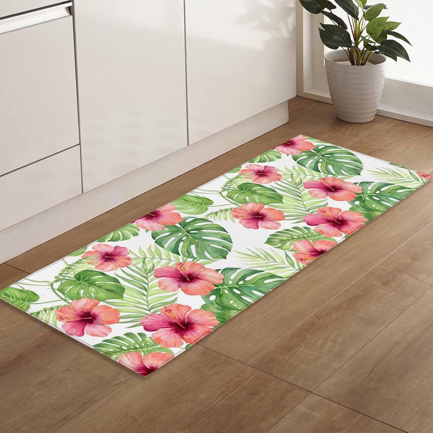Teamery Kitchen Mats for Floor Watercolor Pink Flowers Green Monstera Washable Non Slip Kitchen Rugs 1PCS, Summer Plants Absorbent Standing Mats for Sink Bathroom Office Living Room 15.7x47.2in