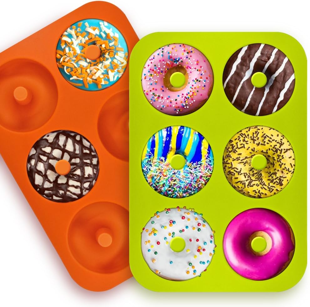 3 Pack Silicone Donut Molds, FineGood 6 Cavity Non-Stick Full-Sized Safe Baking Tray Maker Pan Heat Resistance for Cake Biscuit Bagels Muffins-Orange, Rose Red, Green