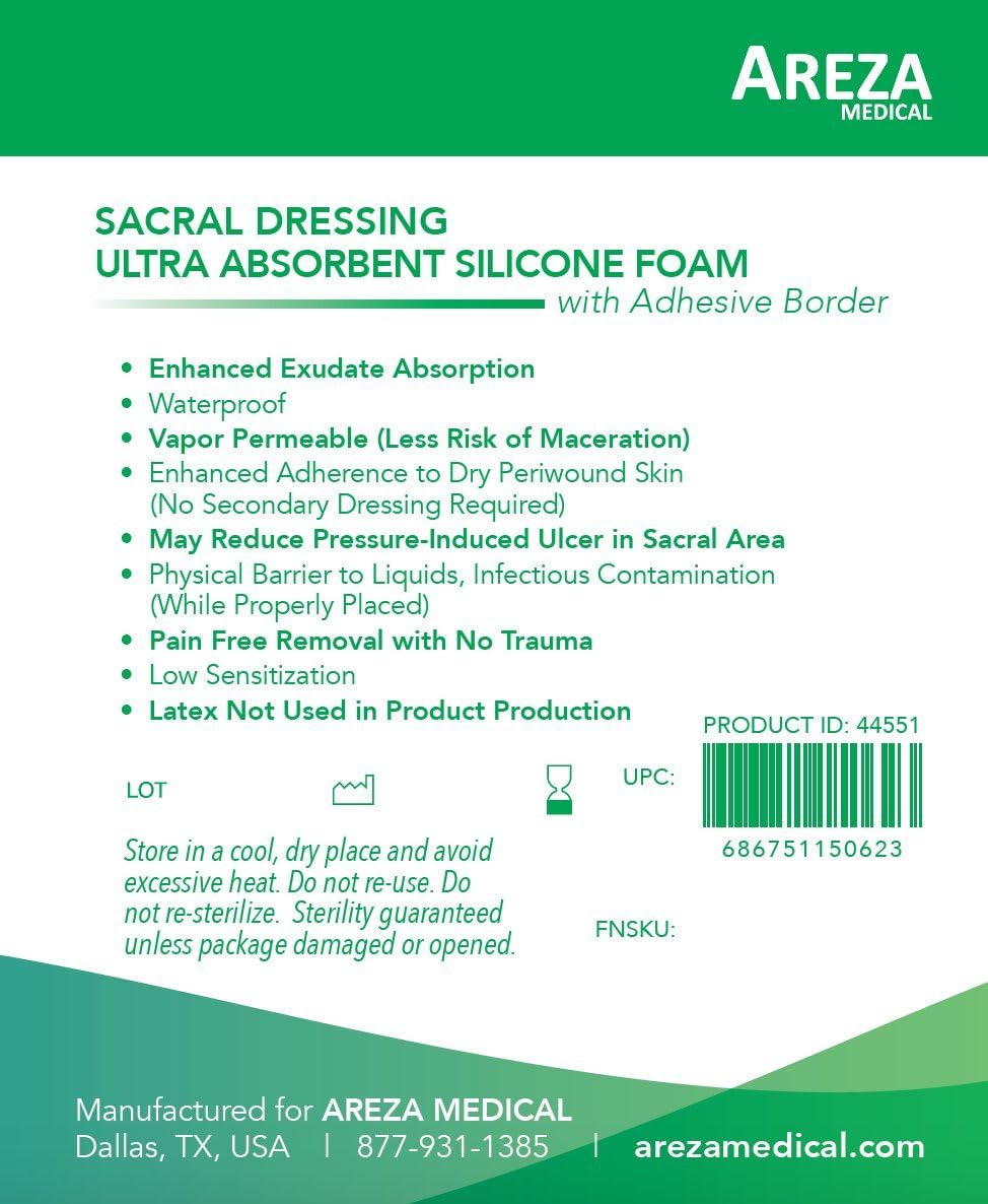 Areza Medical - Silicone Foam with Super-Absorbent Layer - Wound Dressing - Waterproof - with Adhesive Border - Sterile - Designed for Sacral Wounds - 9.2" x 9.2" - 5 PCS per Box