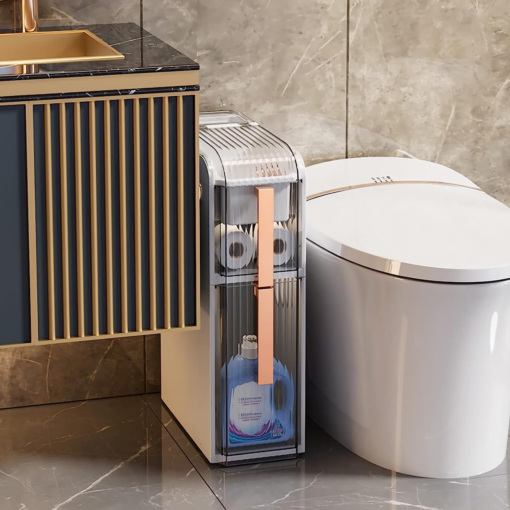 Armadietto da bagno stretto a 4 ripiani con cassetto per carta igienica e cassetti trasparenti, torre verticale con maniglia facile da tirare, grande capacità e ruote per ingresso o corridoio