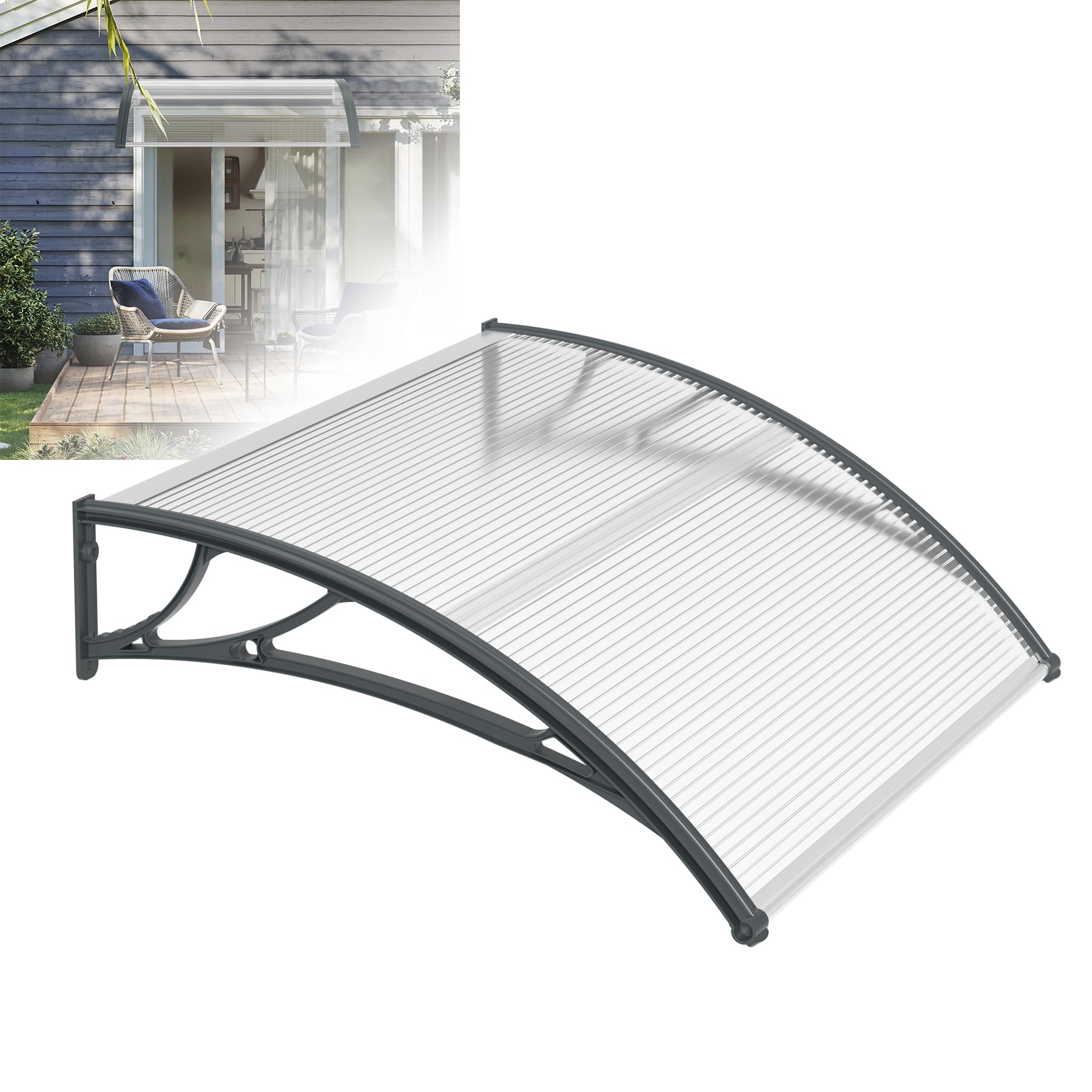 Froadp 100x150cm Marquesina para Puerta, Toldos de Policarbonato, Semitransparente Tejadillo Exteriores de Protección para contra la Lluvia Nieve y los Rayos UV, Toldos para Ventanas de Patio(Gris)