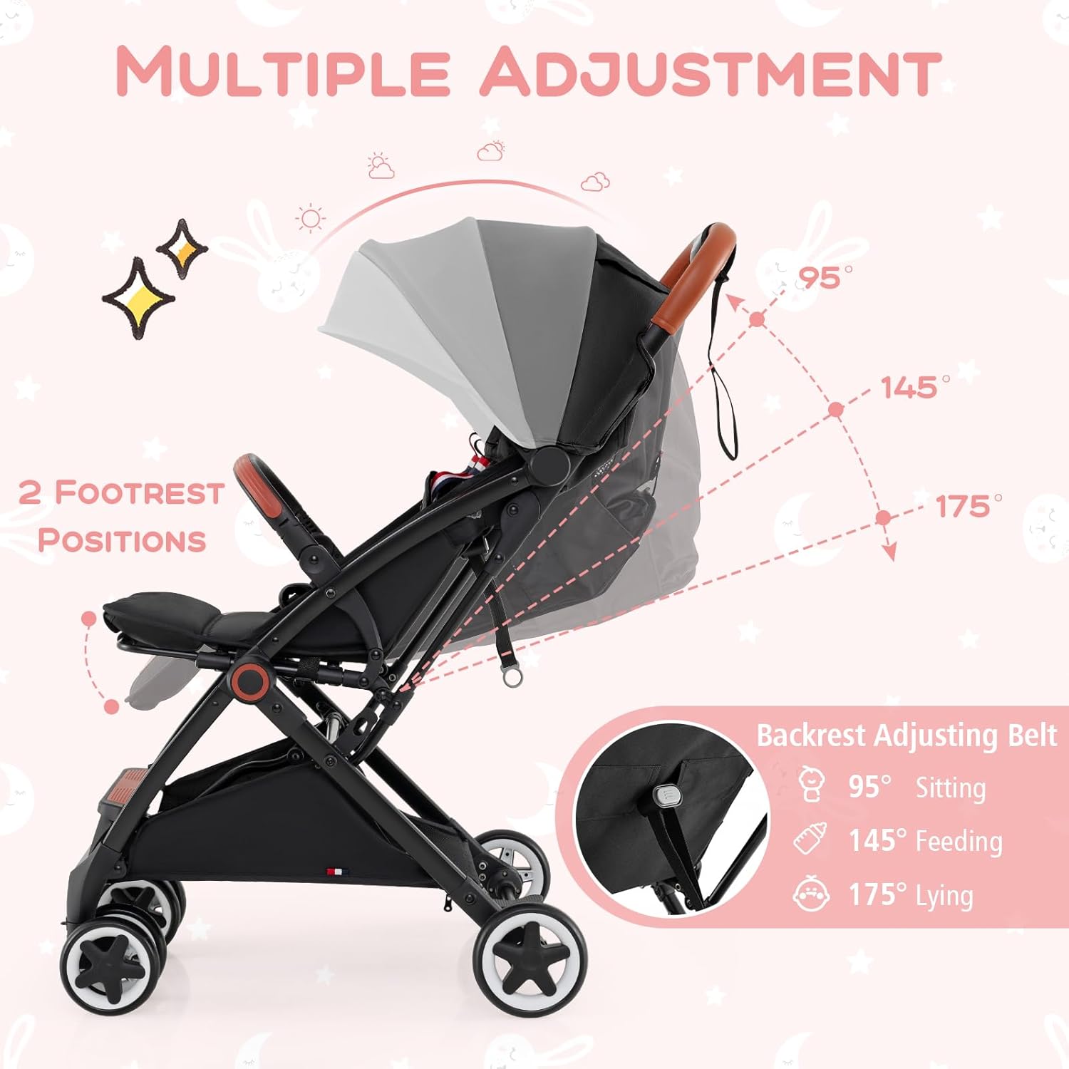 HONEY JOY Travel Stroller, One-Hand Quick Fold Lightweight Umbrella Stroller for Airplane, Wrist Wrap & Net, Multi-Position Recline, Overhead Friendly Compact Stroller for Newborn and Toddler(Black)