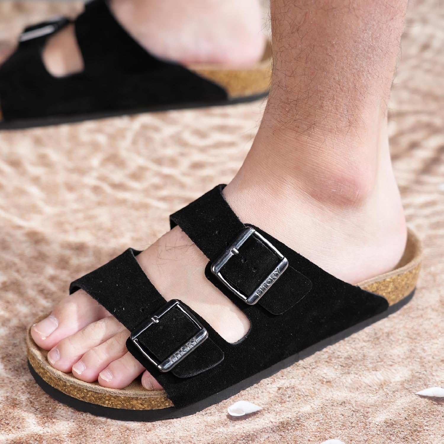 FITORY Mens Leather Sandals with Arch Support, Open Toe Slides Adjustable Buckles for Summer Size 7-13 - Image 2
