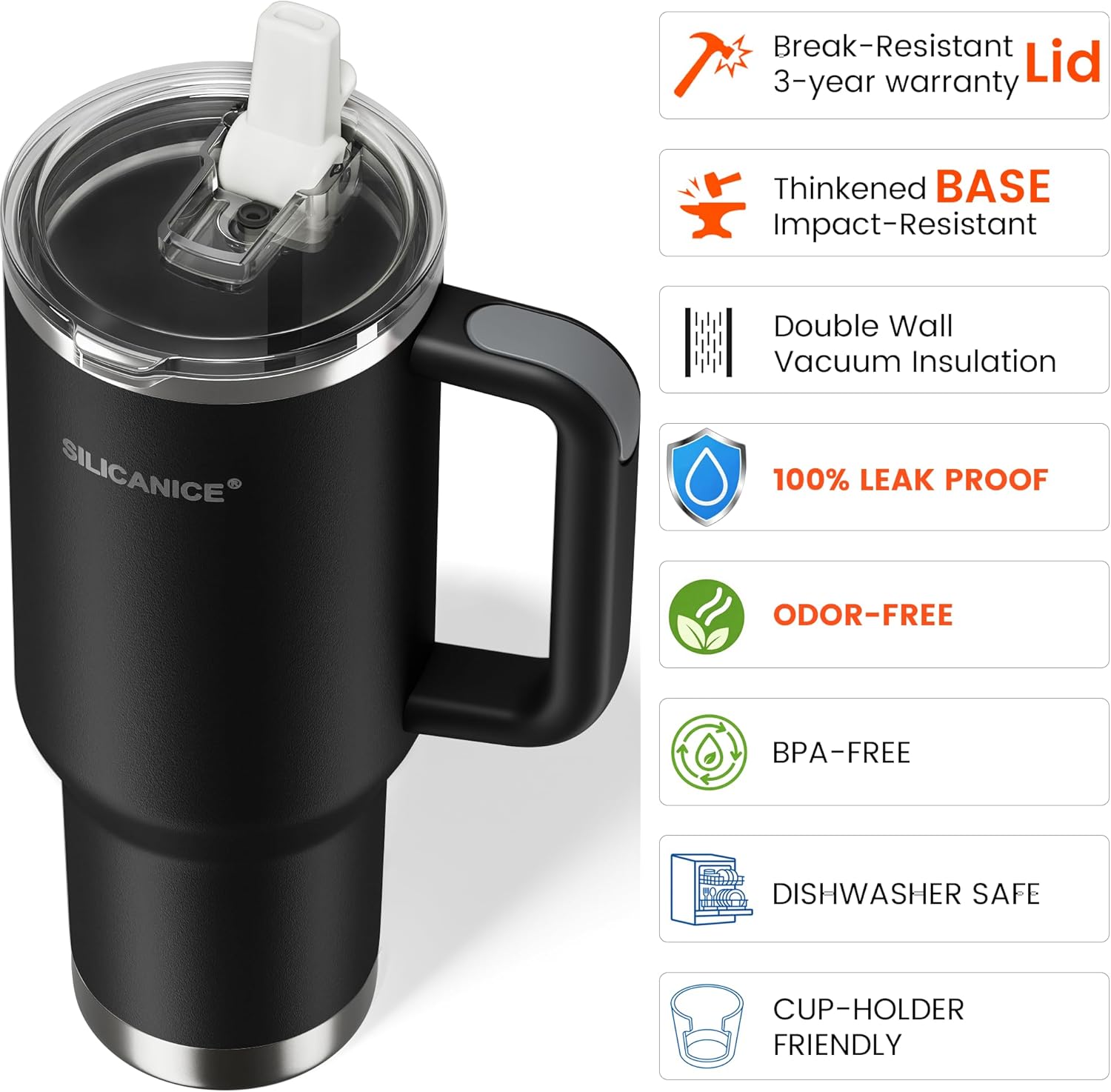 For Travel & Gym – Never Drink from a Moldy Lid Again: 40oz Hygienic Tumbler, 100% Leakproof Lid & Removable Foldable Spout. Reinforced Base, Fits Cup Holders - Black