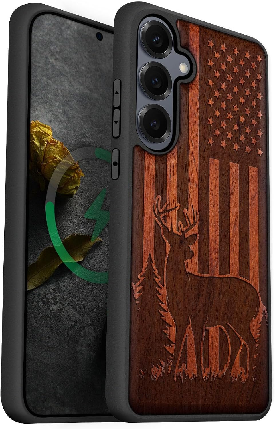 Carveit Magnetic Wooden Case for Galaxy S25+ Samsung S25 Plus Case, TPU Shockproof Cover & Wood Engraved, Compatible with MagSafe Wireless Chargers (Patriotic Deer Silhouette) Walnut