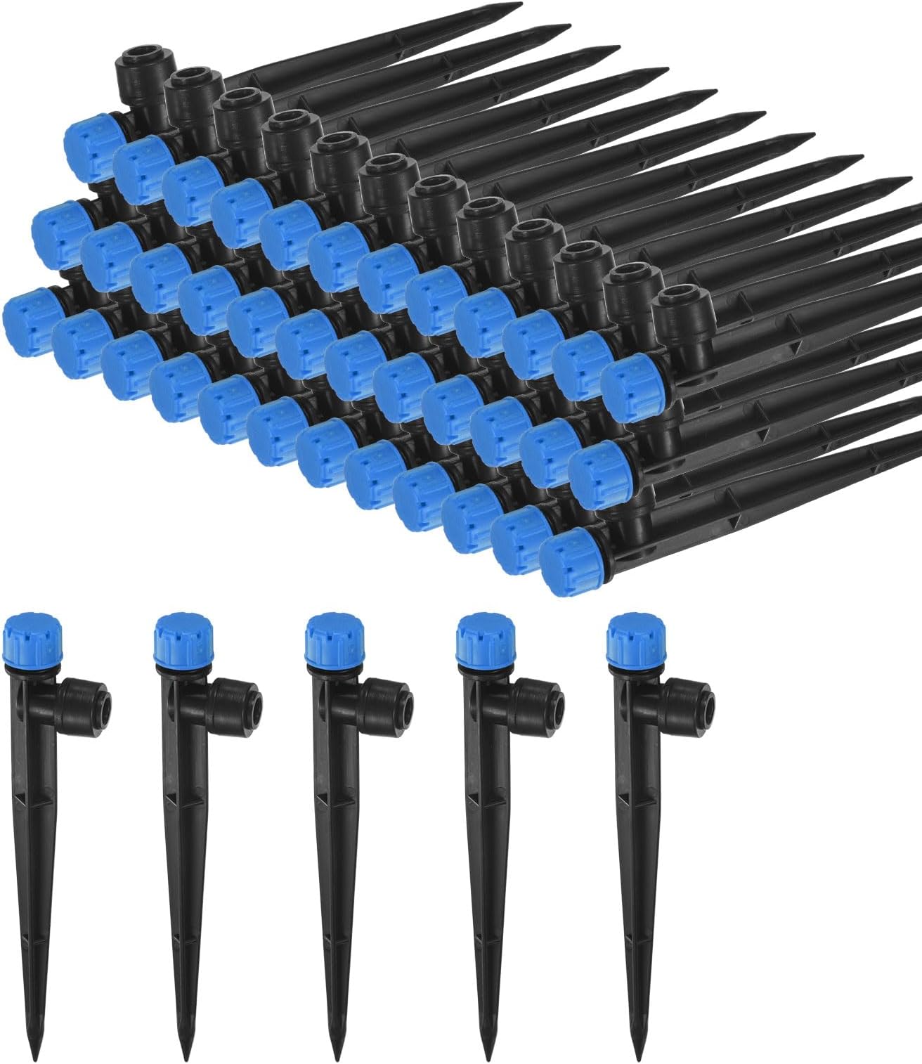 50-Pack Drip Irrigation Emitters, 5"/13mm Drippers with Stake Adjustable 360 Degree Water Flow 8 Holes for 1/4" Drip Irrigation Tubing for Watering System [Blue, Drip]