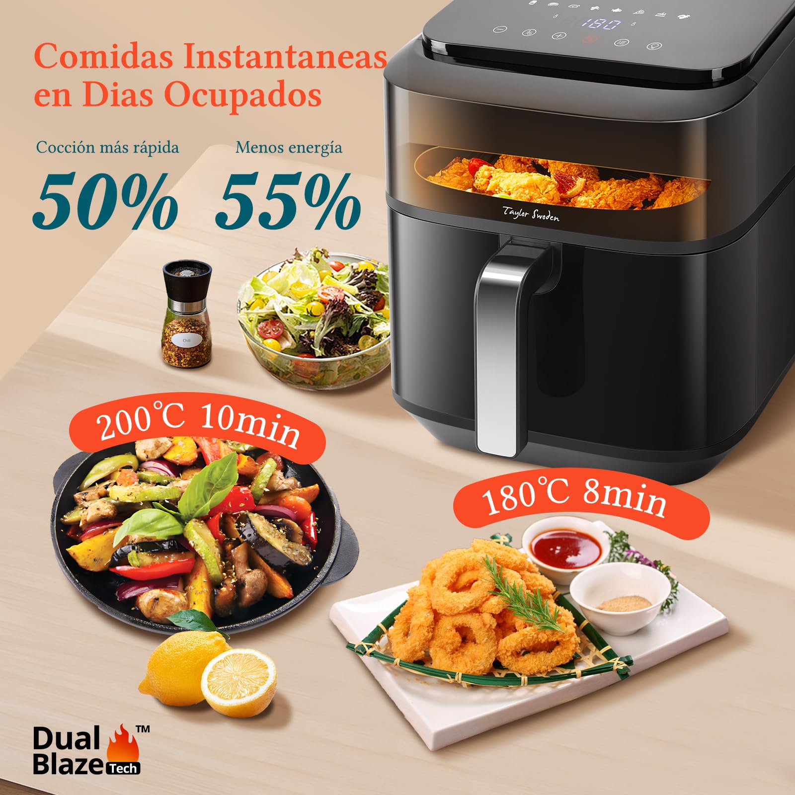 Taylor Swoden Air Fryer 6.5L 1800W Freidora de Aire con Doble Resistencia, Ventana de Visualización, 8 Programas, Panel Táctil Digital, Interior Metálico, 14 Recetas Físicas, Capacidad para 8 Personas