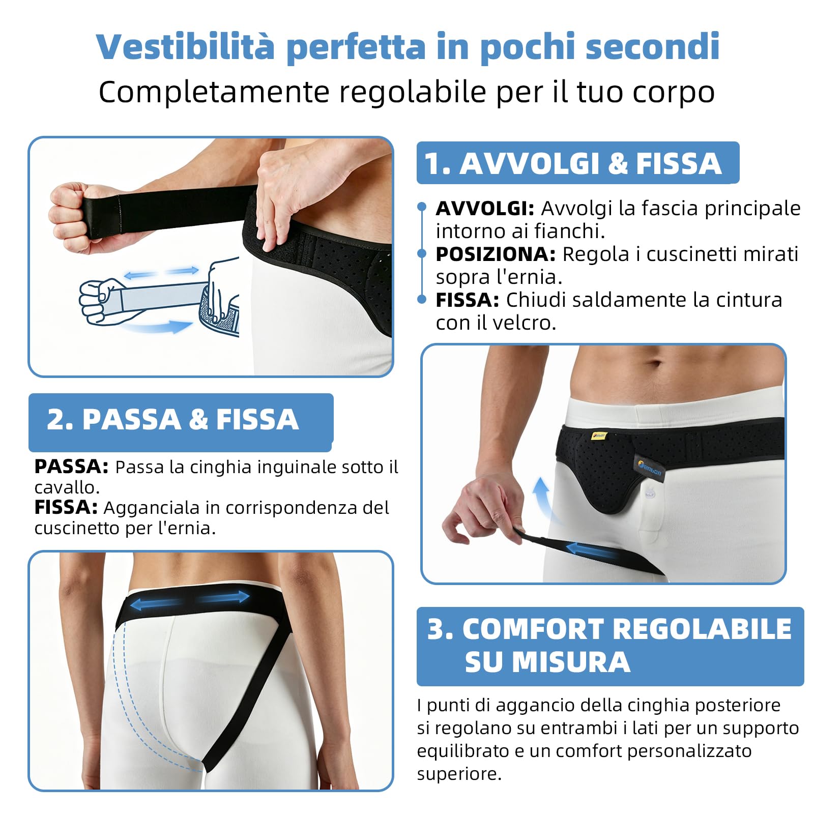 Tenbon Cintura per ernia per uomini e donne Cintura per ernia regolabile flessibile Supporto per ernia Sollievo dal dolore con cuscinetti di compressione rimovibili Ernia sinistra e destra (L, Black)