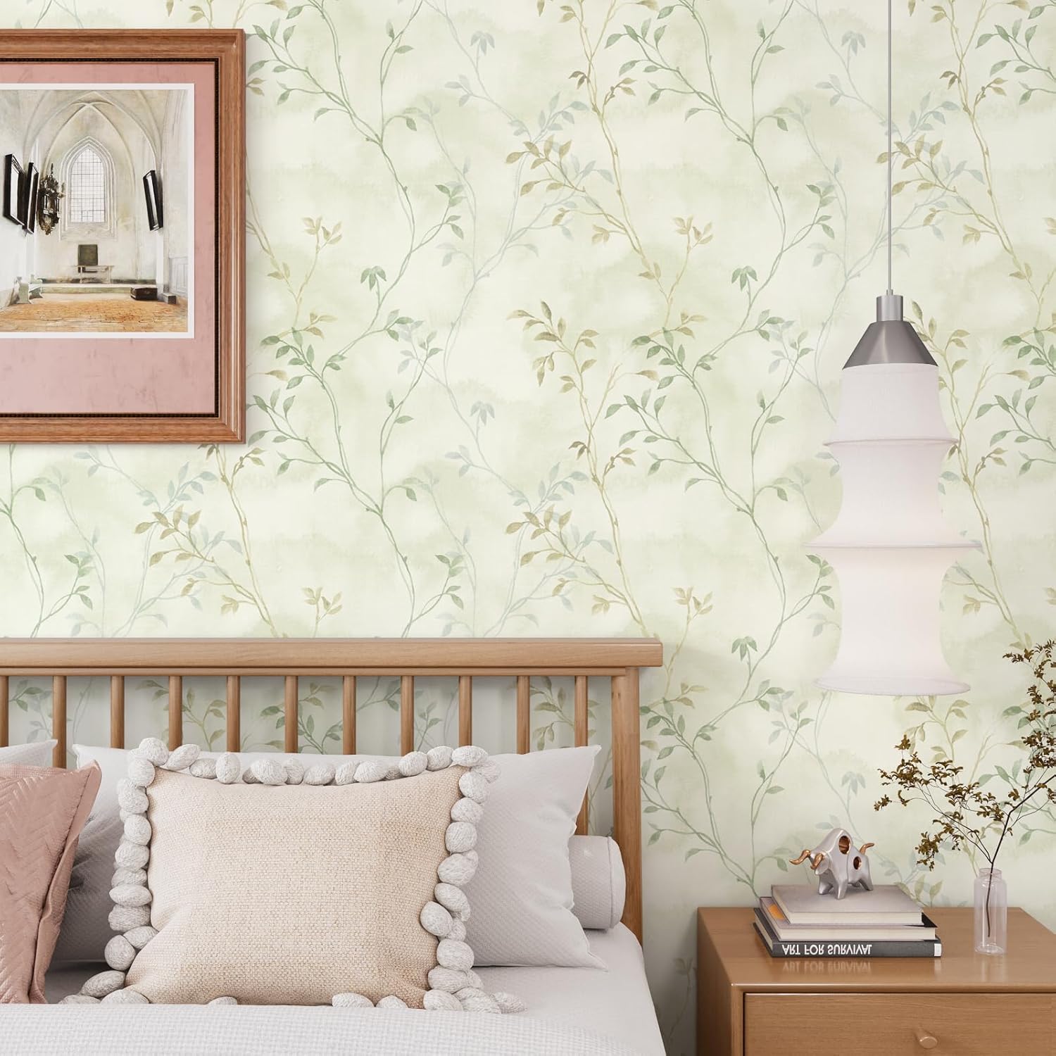 VaryStyle 17.7"x393" Vintage Leaf Branches Wallpaper Light Green/Yellow Foggy Tree Twigs Forest Peel and Stick Wallpaper for Kitchen Removable Waterproof Sticky Retro Contact Paper for Drawers Shelves